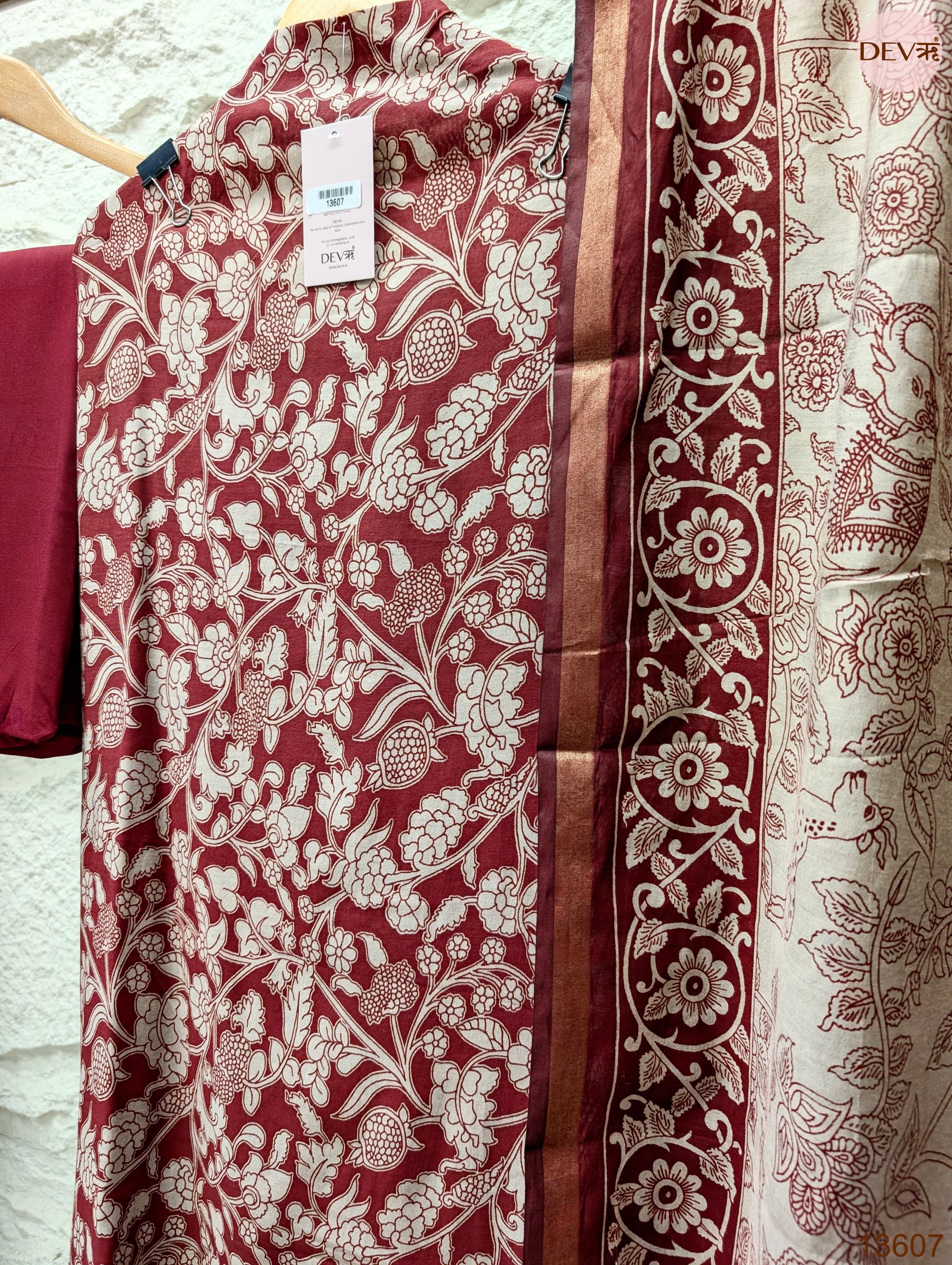 Maroon Maheshwari Silk Printed Unstitched 3-Piece Suit (Devri – D.No 13607)