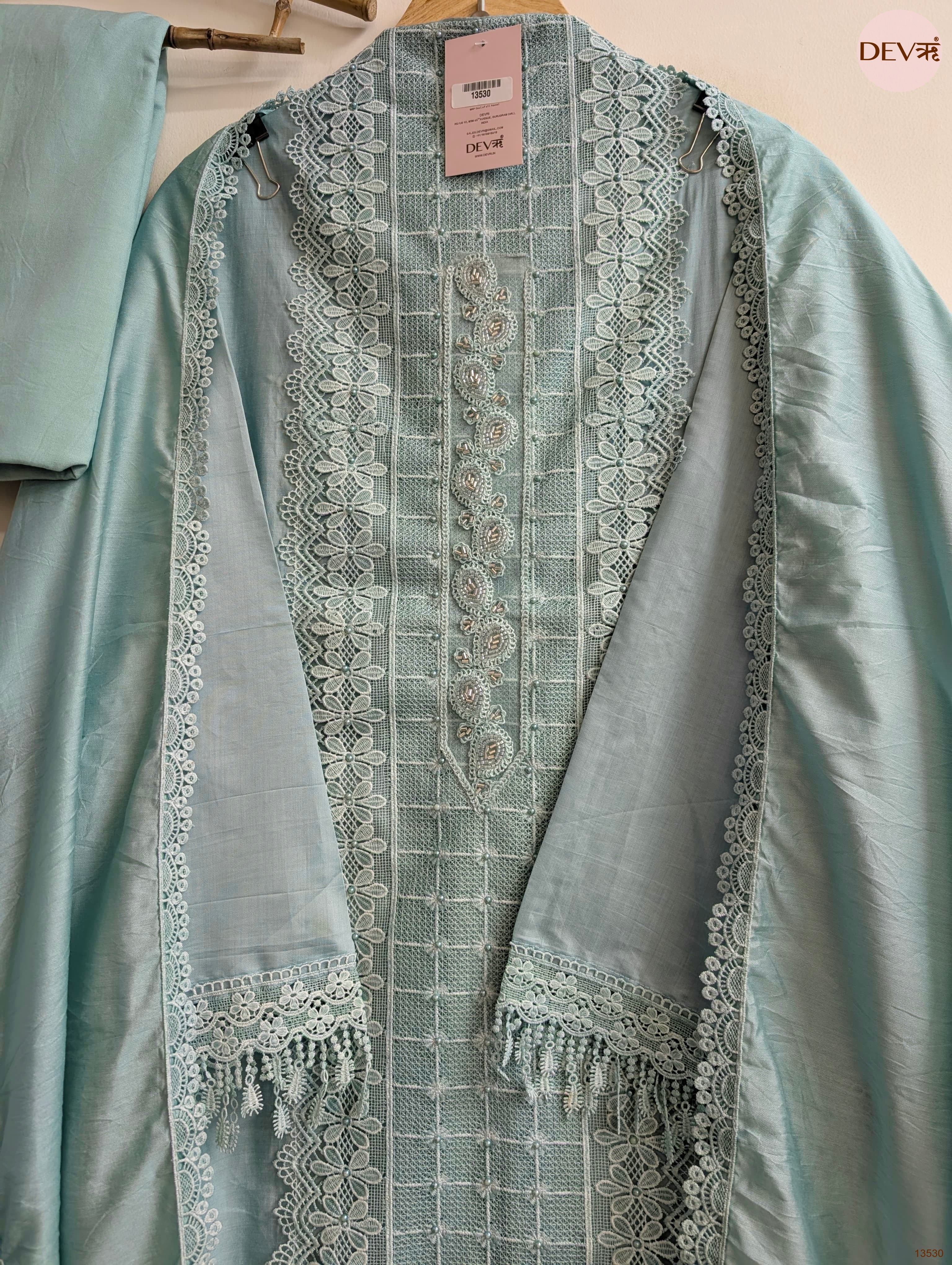 Sea Green Modal Silk Embroidered Unstitched 3-Piece Suit (Devri – D.No 13530)