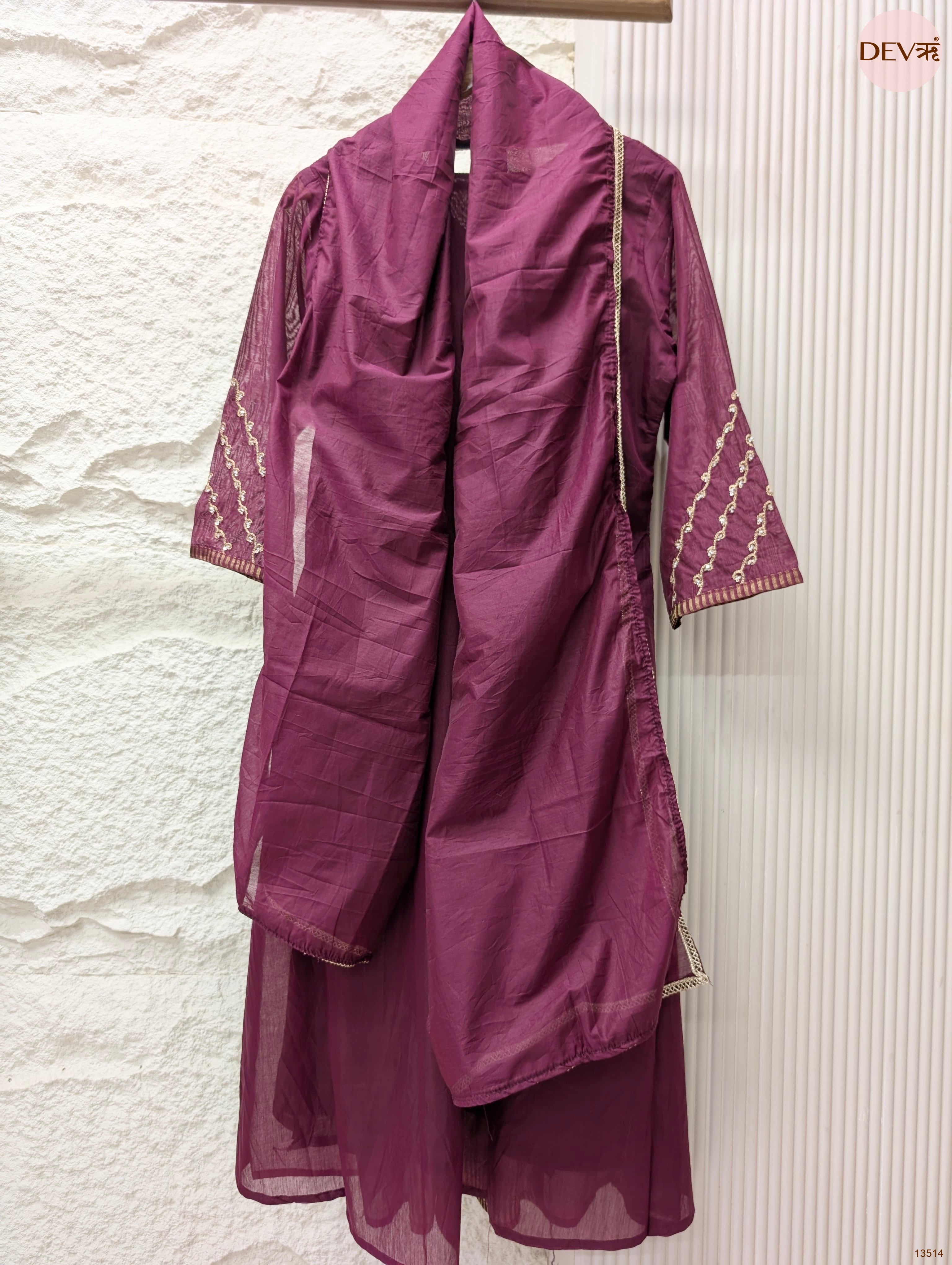Meher Mul chanderi Embroidered Wine 3-Piece Set (Devri – D.No 13514)