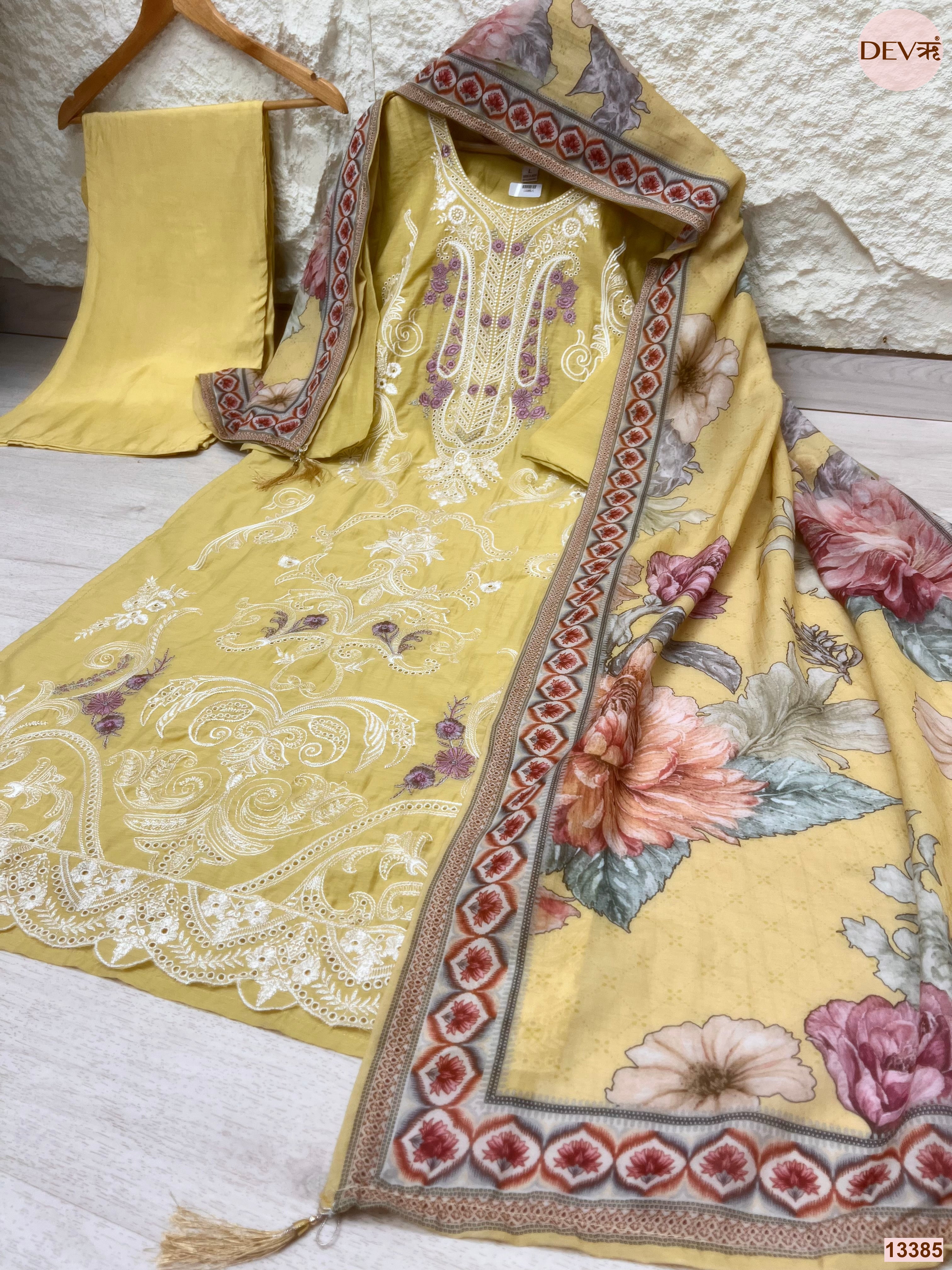 Gulnaar Pure Mul Cotton Embroidered Yellow 3-Piece Set (Devri – D.No 13385)