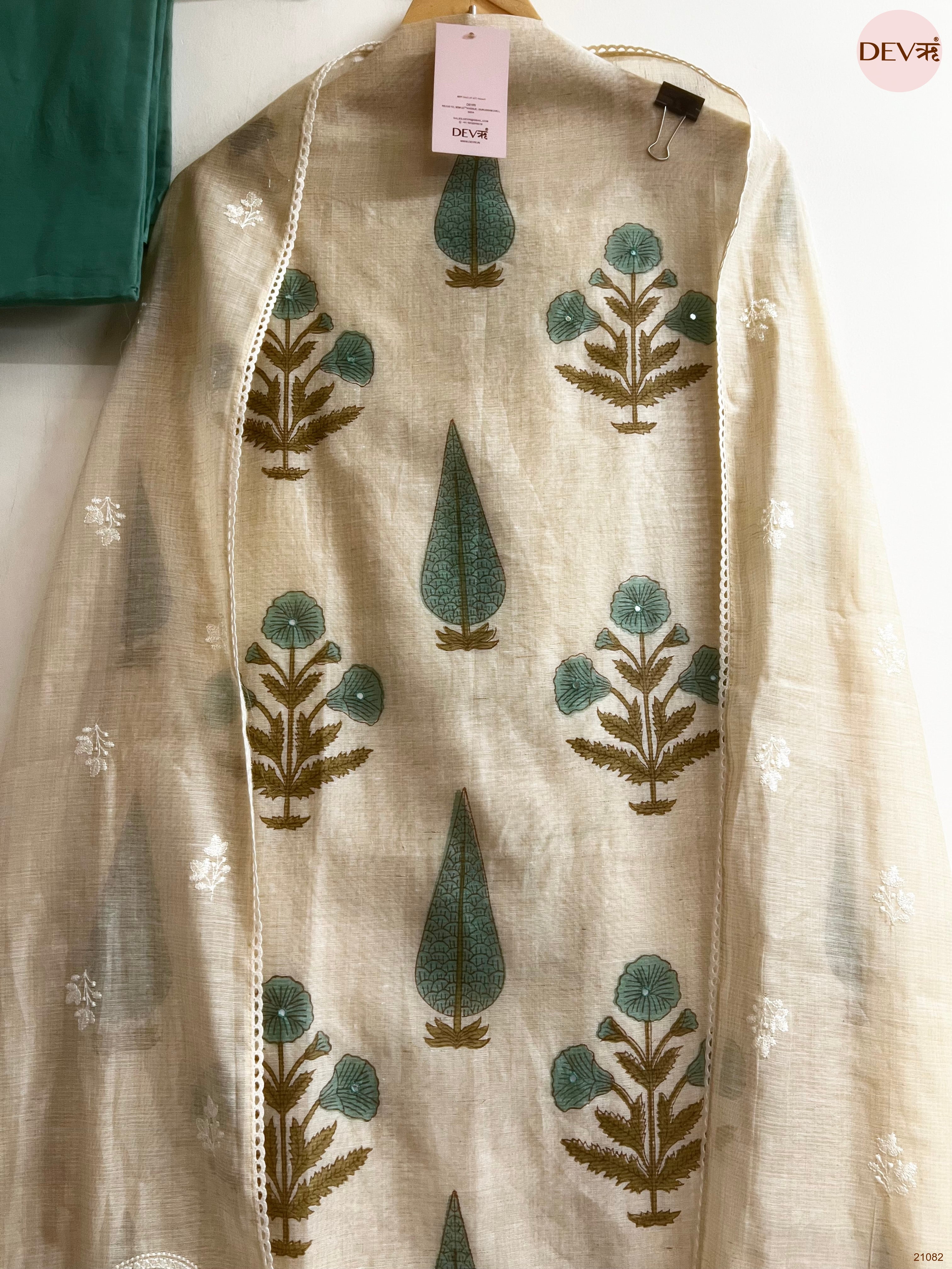 Beige Mul Chanderi Printed Unstitched 3-Piece Suit (Devri – D.No 21082)