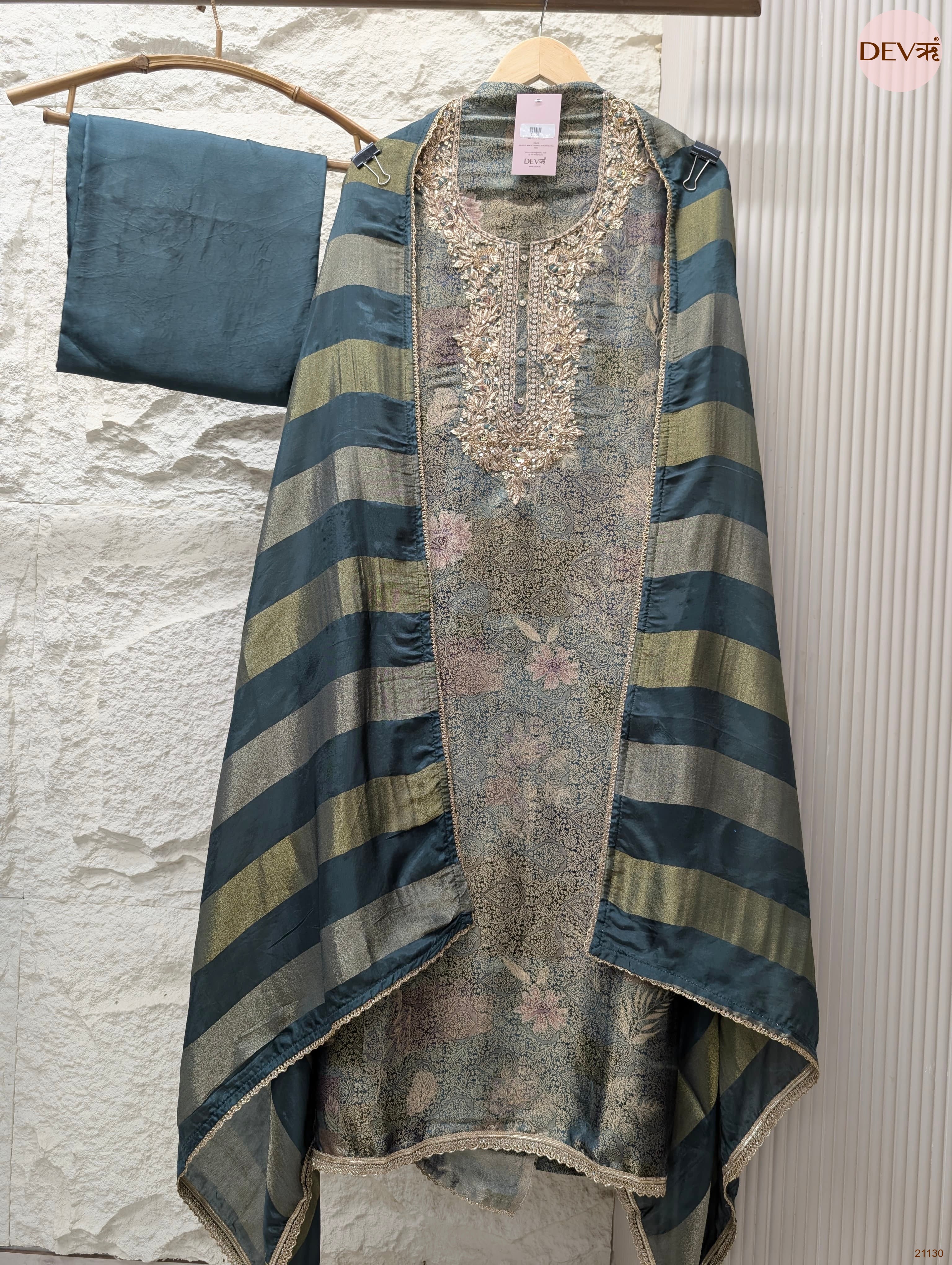 Teal Pure Banarasi Woven Silk Embroidered Unstitched 3-Piece Suit (Devri – D.No 21130)