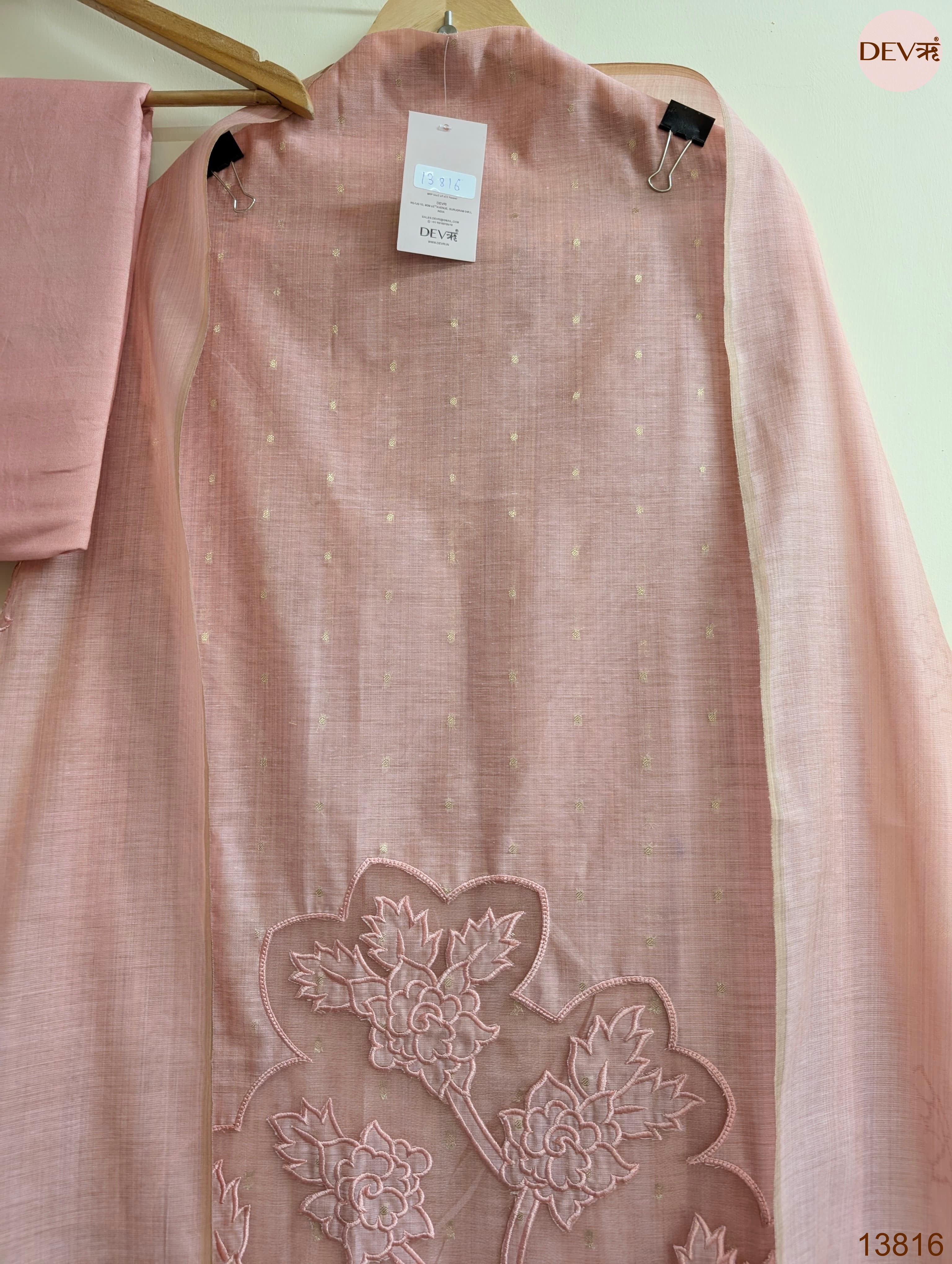 Pink Mul Chanderi Embroidered Unstitched 3-Piece Suit (Devri – D.No 13816)