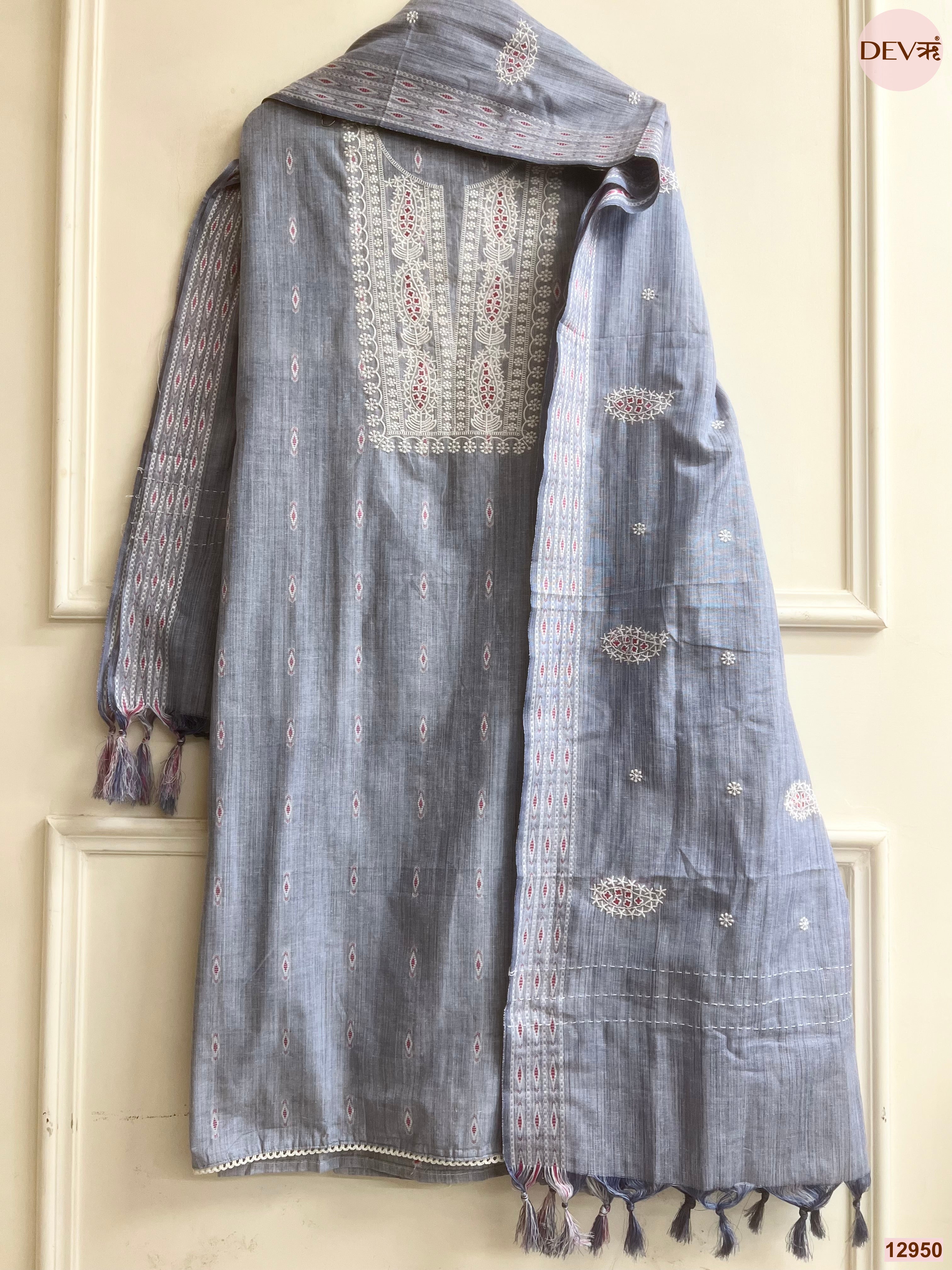Grey Cotton Handloom Embroidered Unstitched 3-Piece Suit (Devri – D.No 12950)