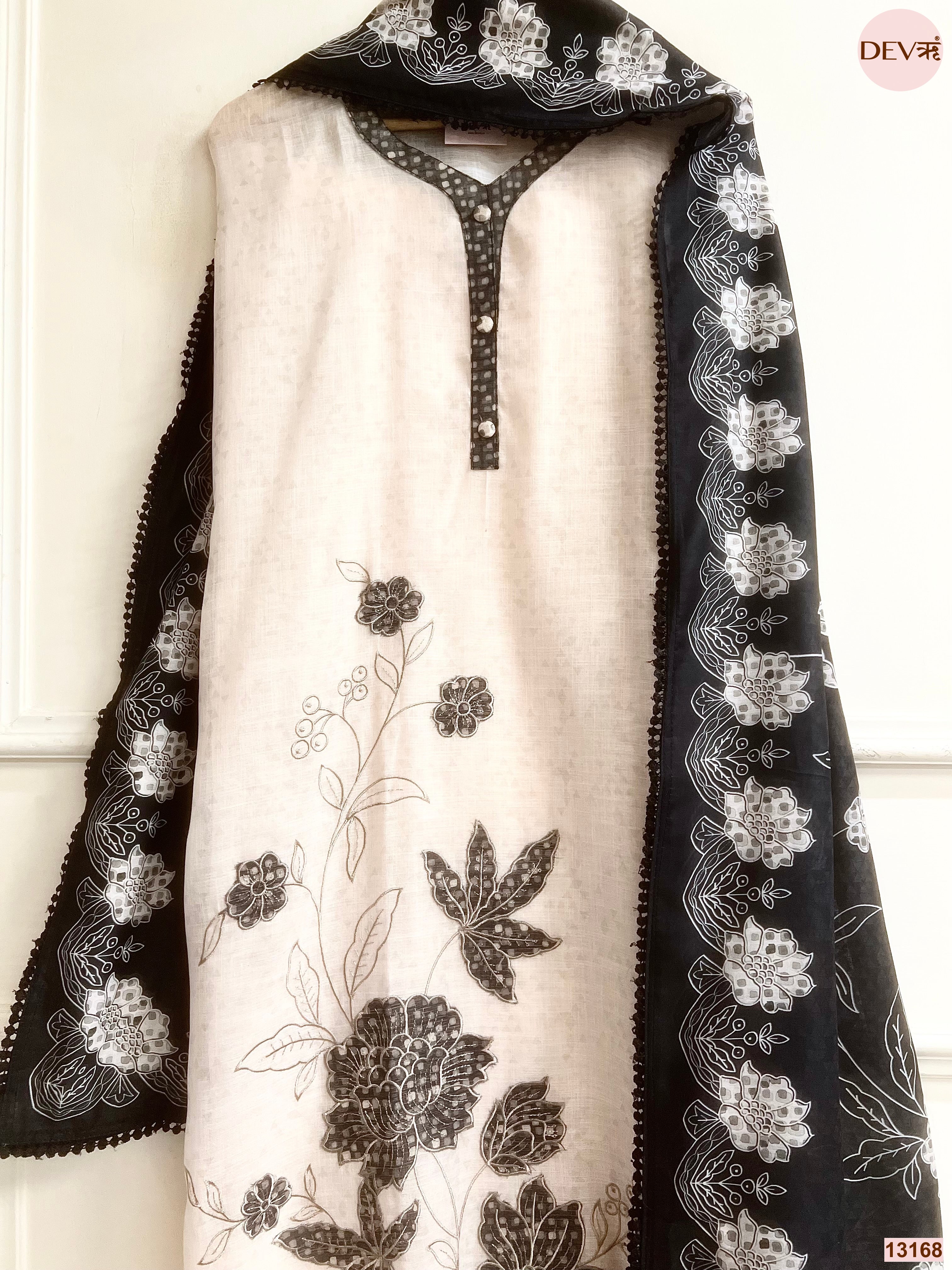 Cream Linen Cotton Printed Unstitched 3-Piece Suit (Devri – D.No 13168)