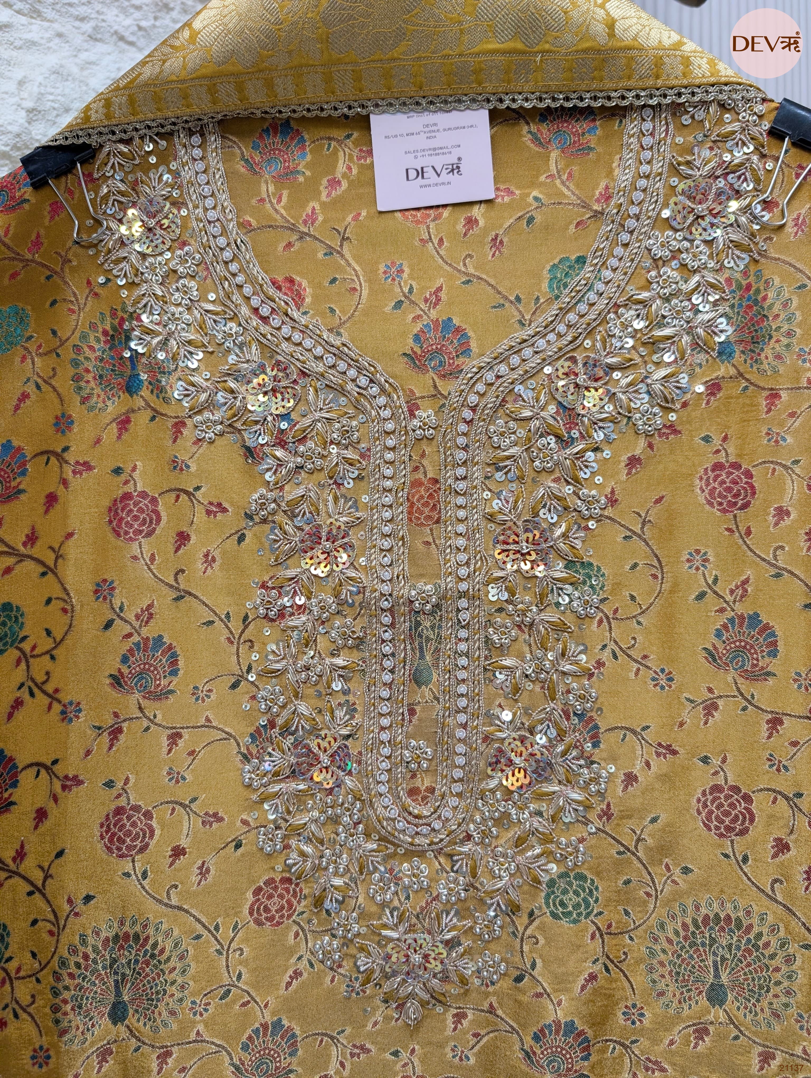 Mustard Pure Banarasi Woven Silk Printed Unstitched 3-Piece Suit (Devri – D.No 21137)