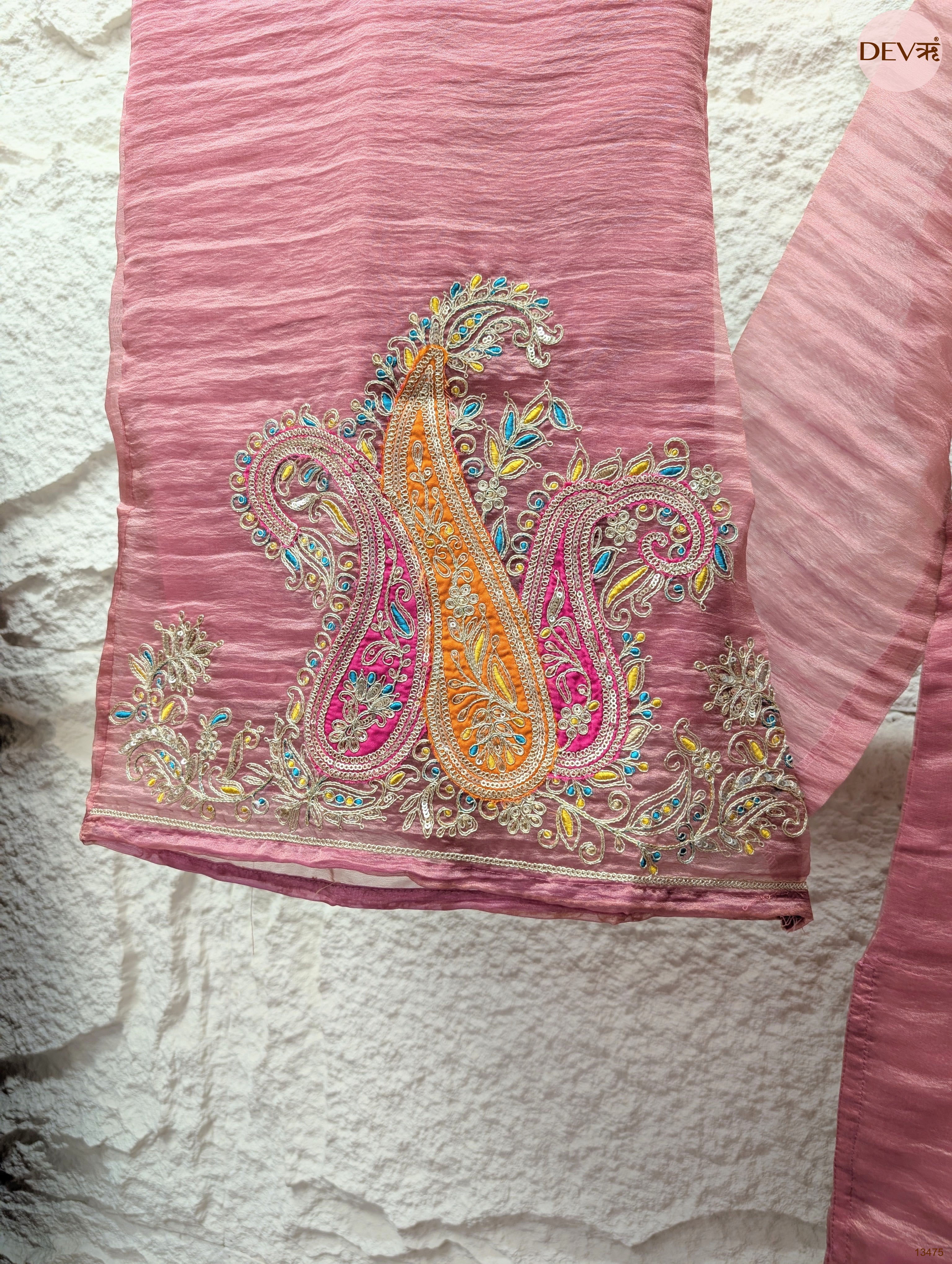 Gulnaar Crush Organza Embroidered Pink 3-Piece Set (Devri – D.No 13475)