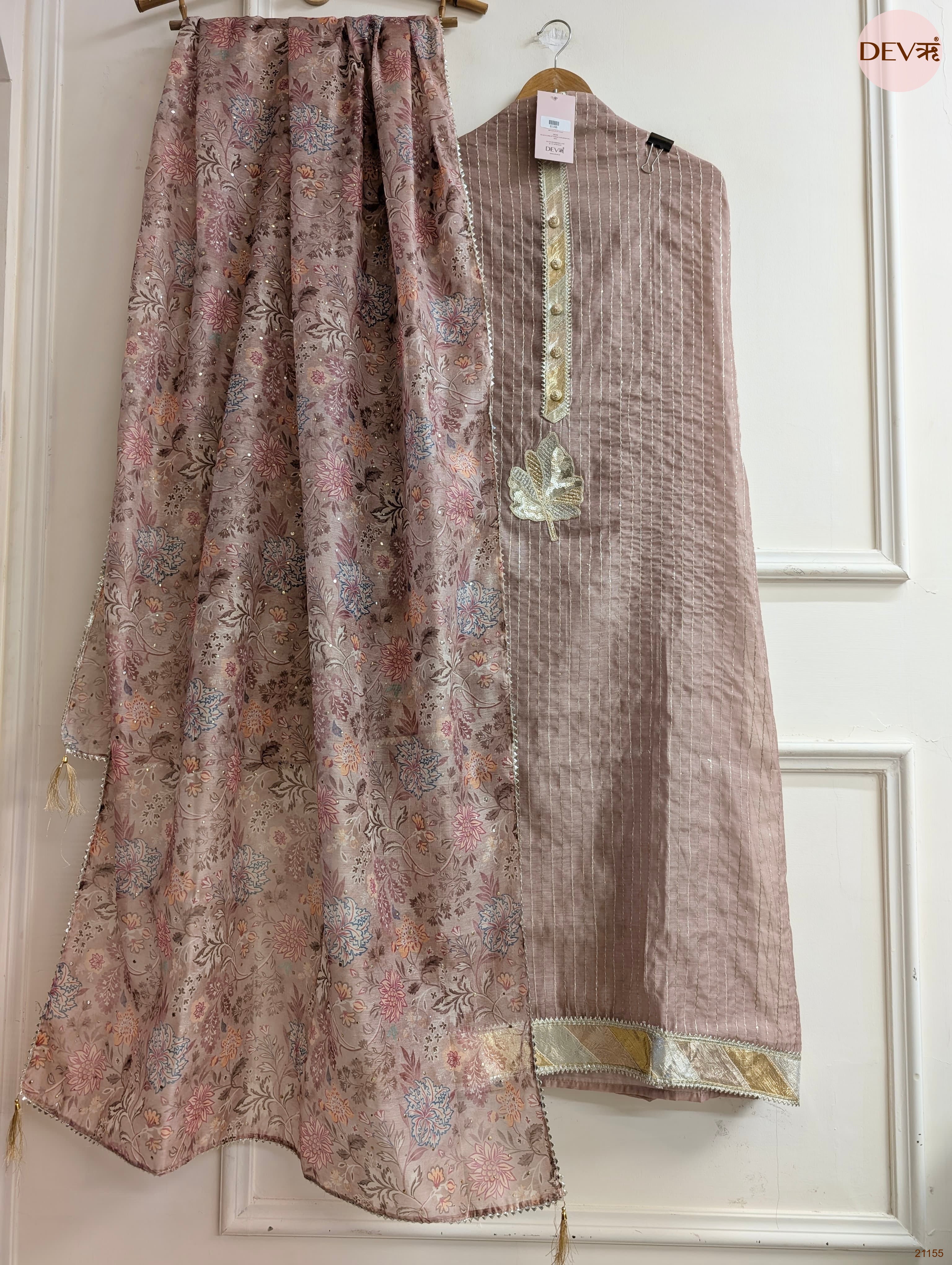 Taupe Pure Chanderi Printed Unstitched 3-Piece Suit (Devri – D.No 21155)