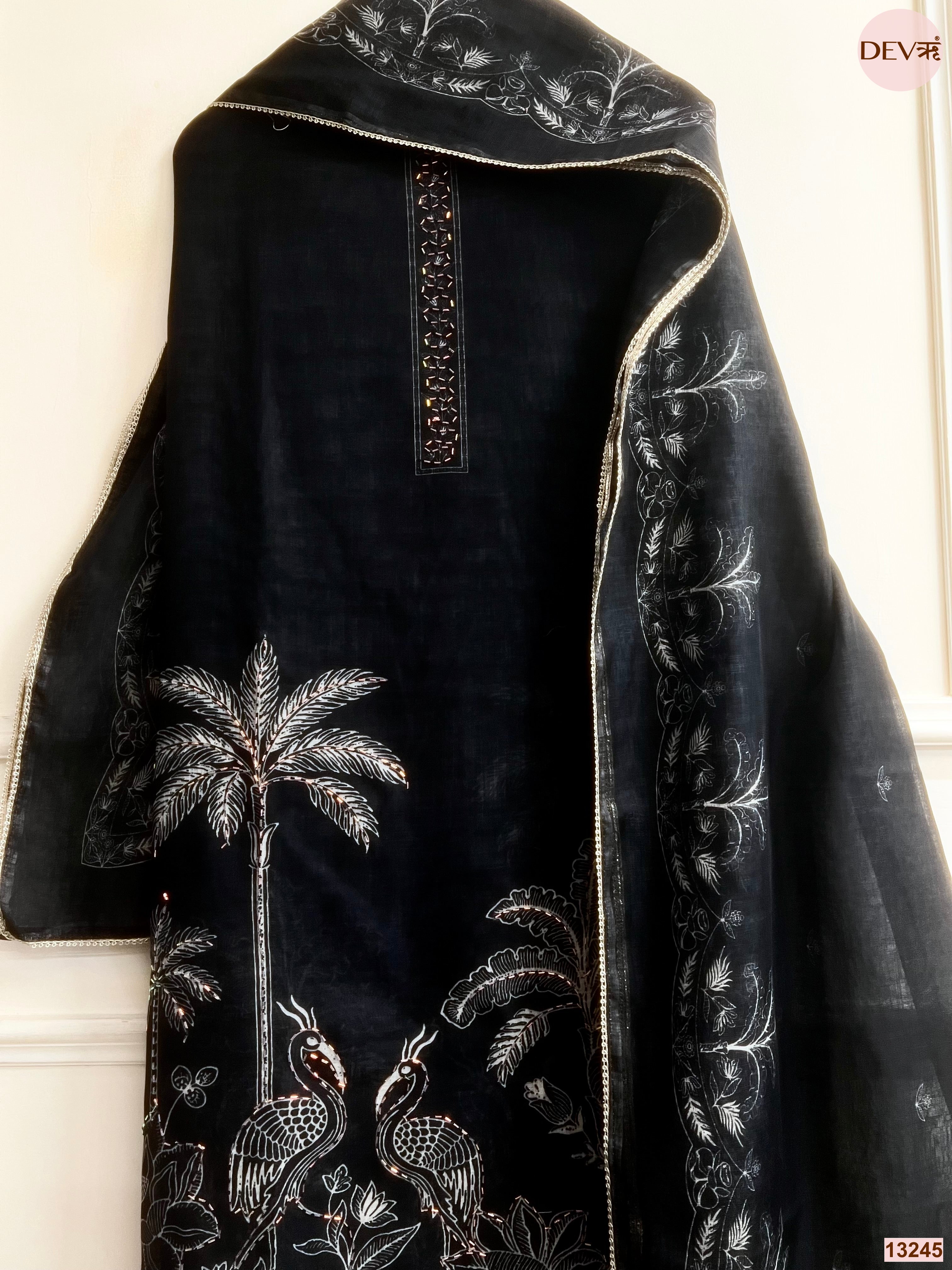 Black Linen Cotton Printed Unstitched 3-Piece Suit (Devri – D.No 13245)