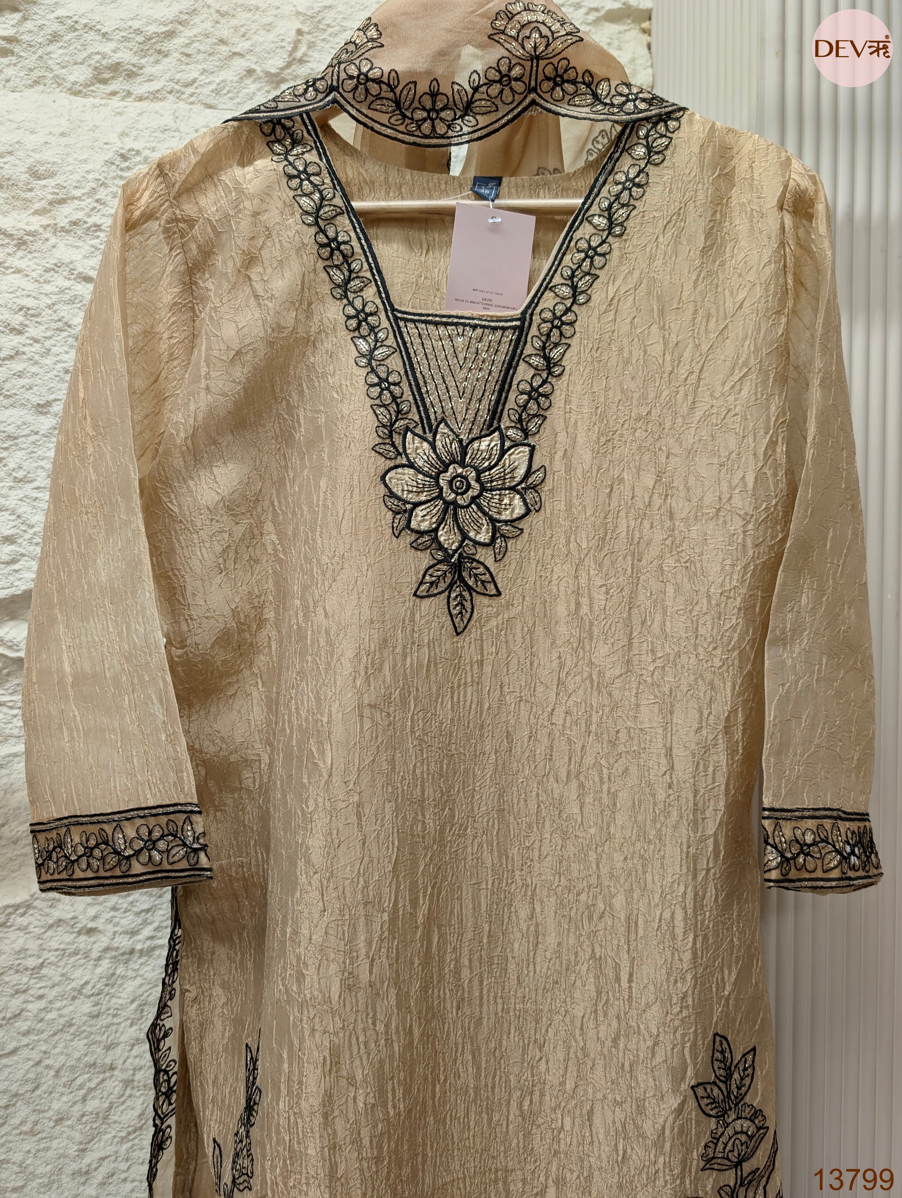 Gulnaar Tissue silk Embroidered Beige 3-Piece Set (Devri – D.No 13799)