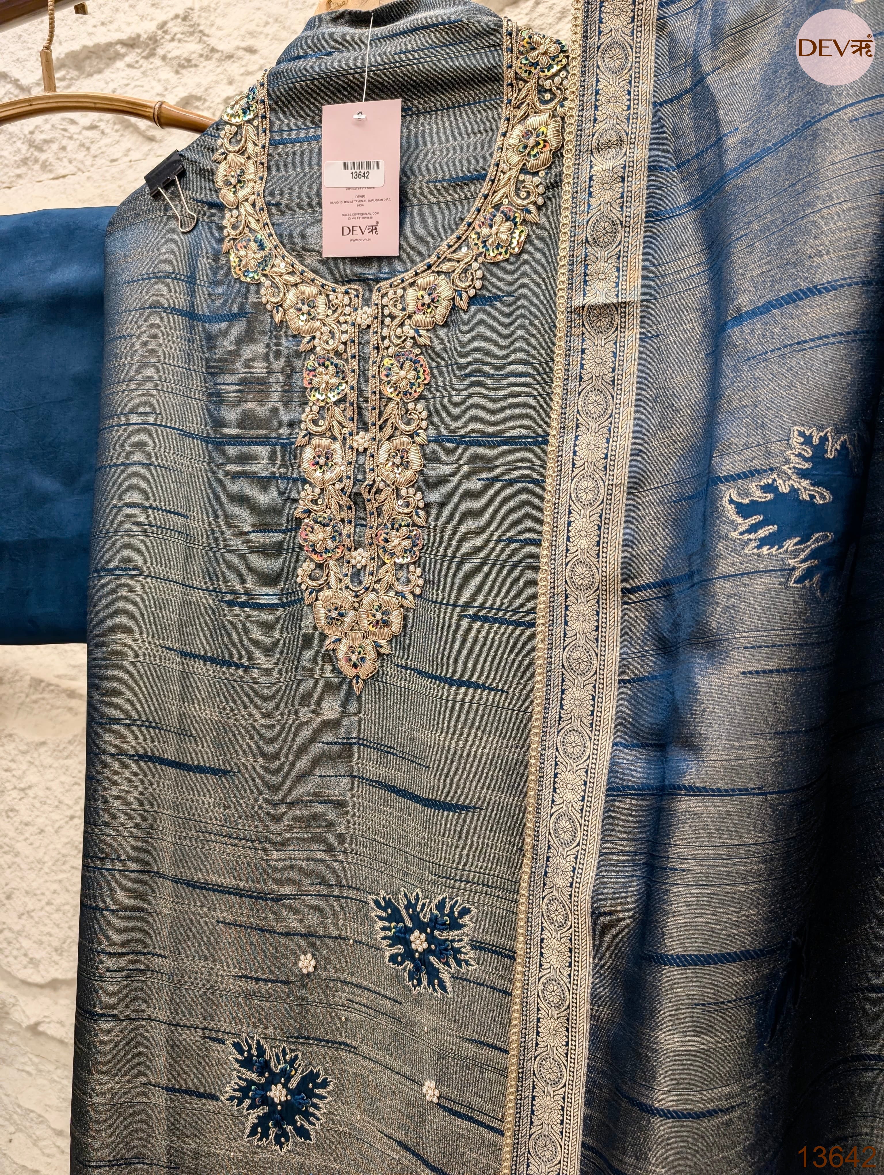 Blue Pure Girafe Banarasi Silk Embroidered Unstitched 3-Piece Suit (Devri – D.No 13642)
