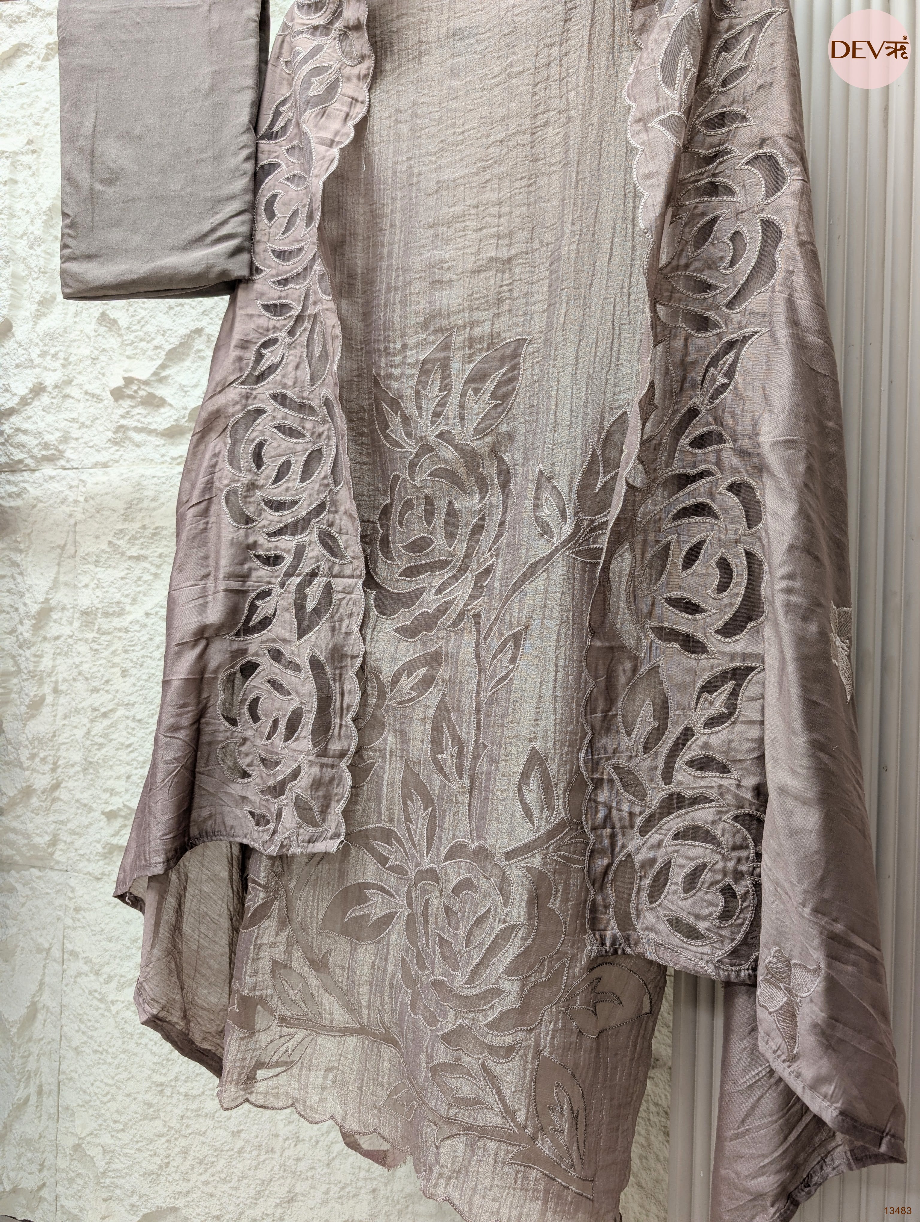 Taupe Tissue Crush Silk Chanderi Embroidered Unstitched 3-Piece Suit (Devri – D.No 13483)