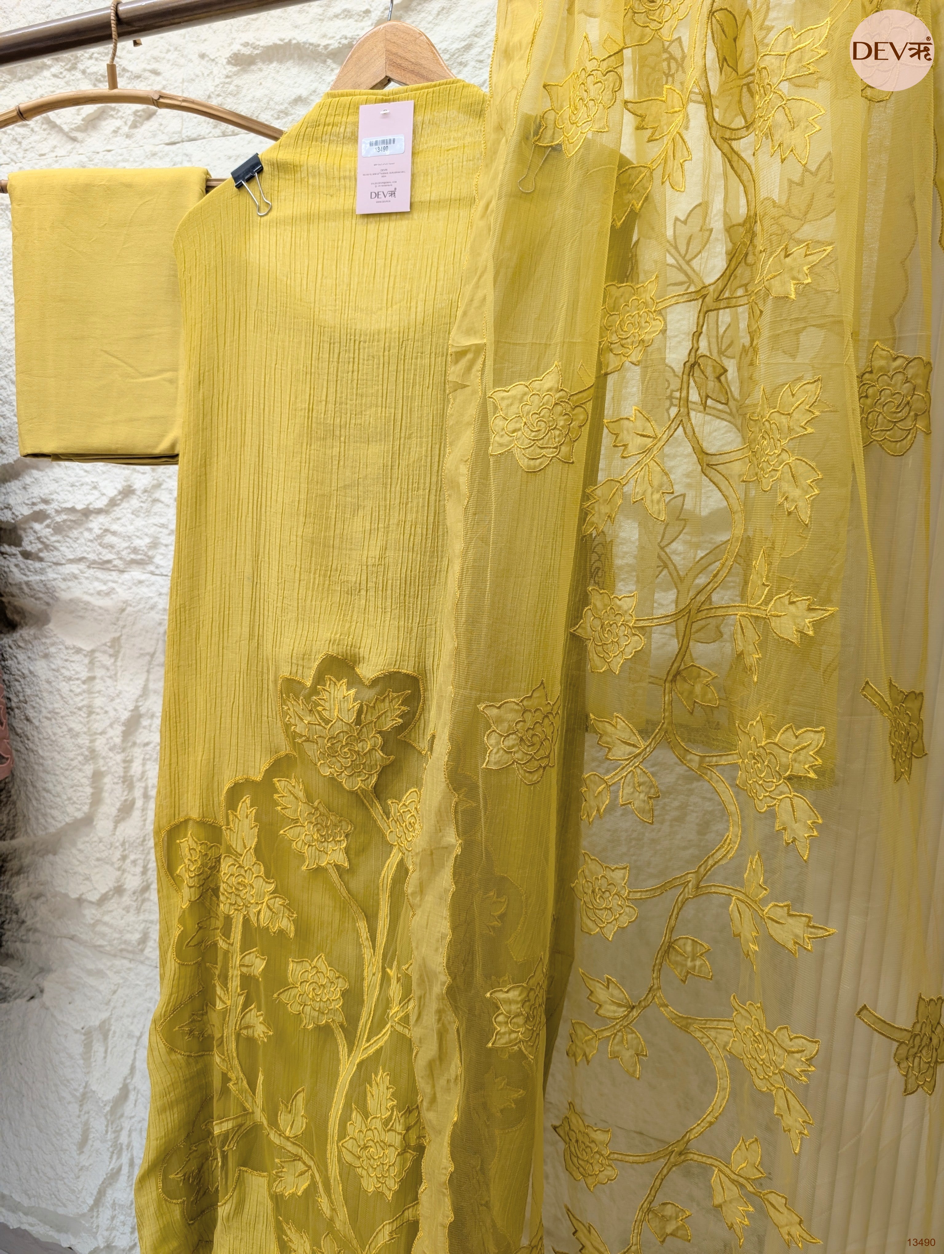 Mustard Mul Crush Embroidered Unstitched 3-Piece Suit (Devri – D.No 13490)