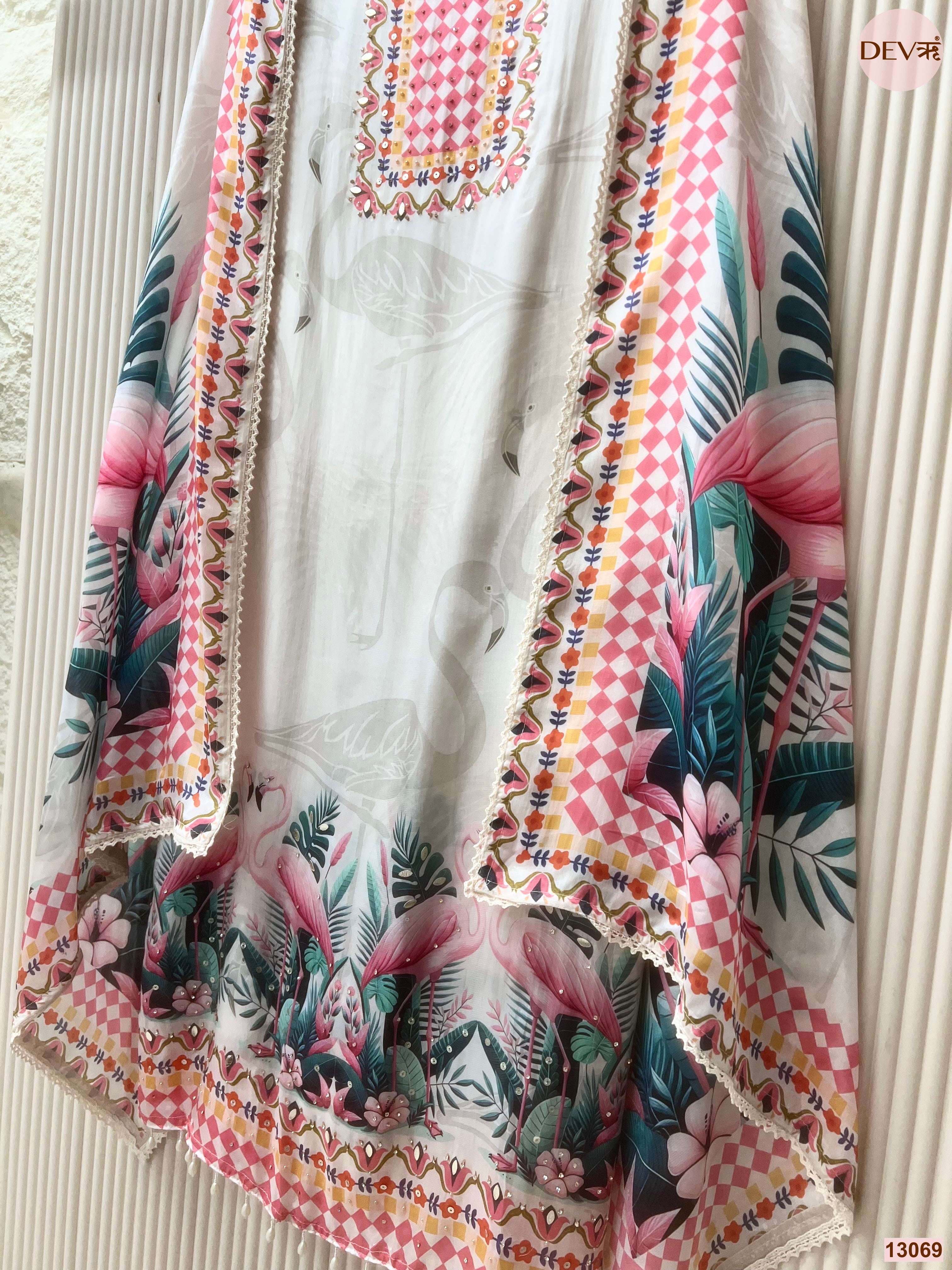 White Muslin Printed Unstitched 3-Piece Suit (Devri – D.No 13069)