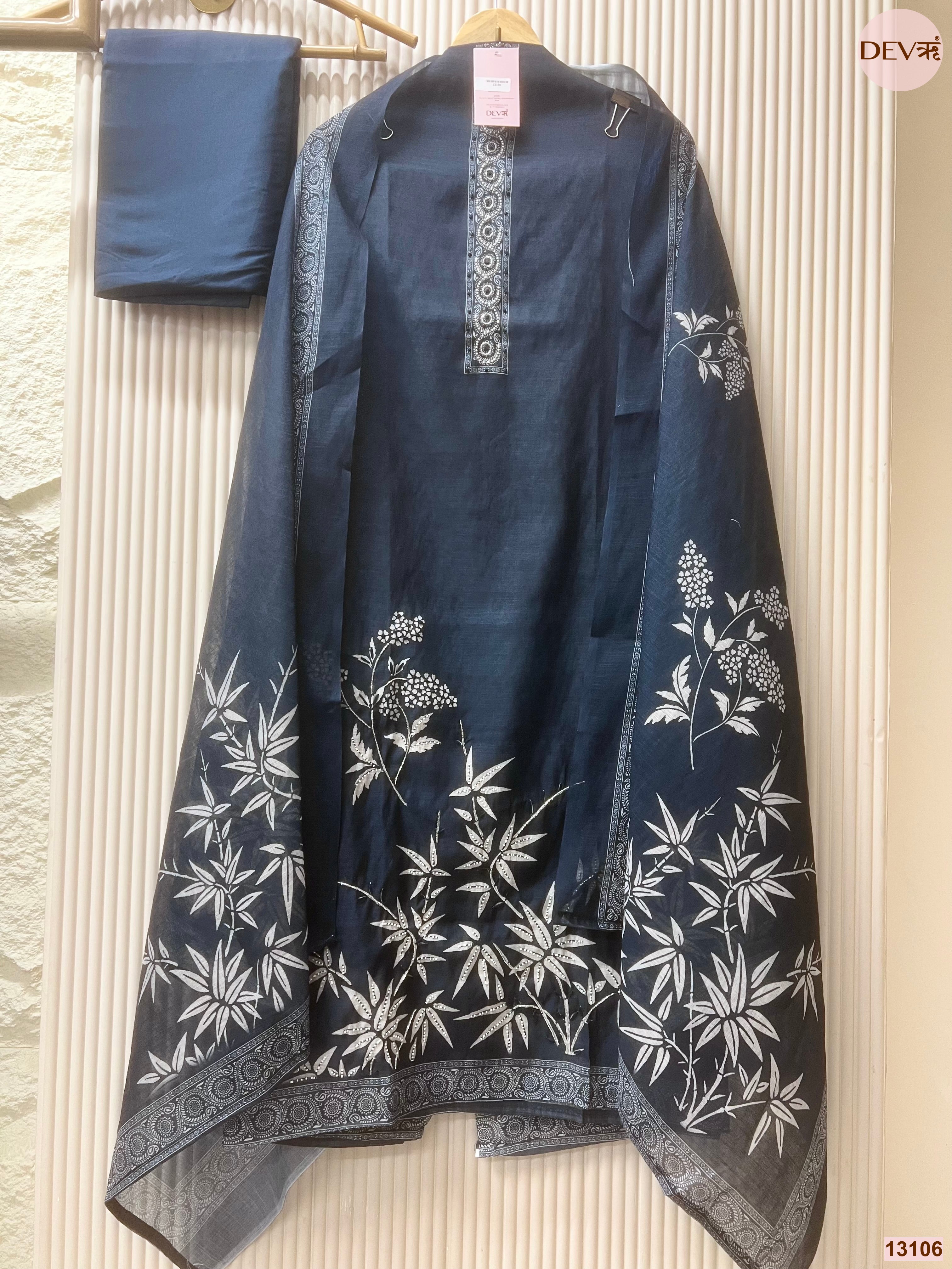 Navy Linen Cotton Printed Unstitched 3-Piece Suit (Devri – D.No 13106)