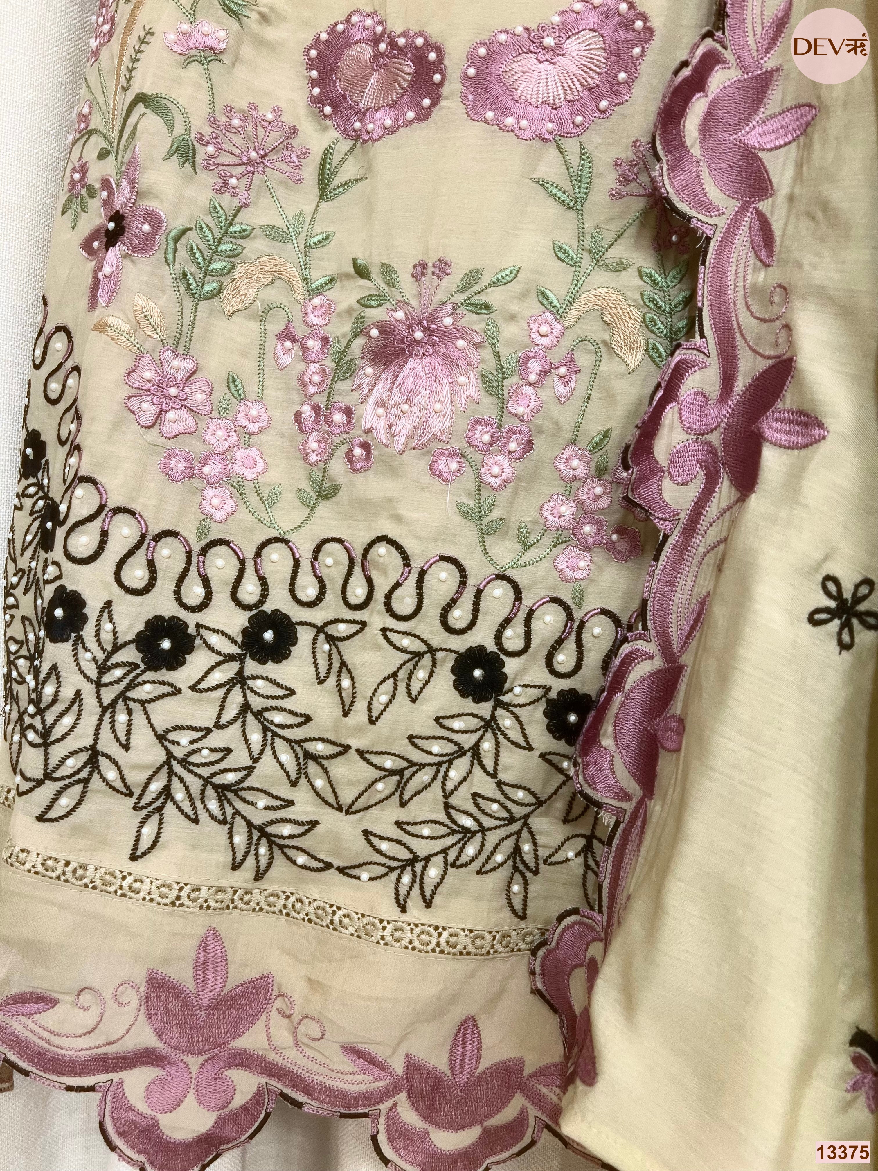 Beige Mul Cotton Embroidered Unstitched 3-Piece Suit (Devri – D.No 13375)