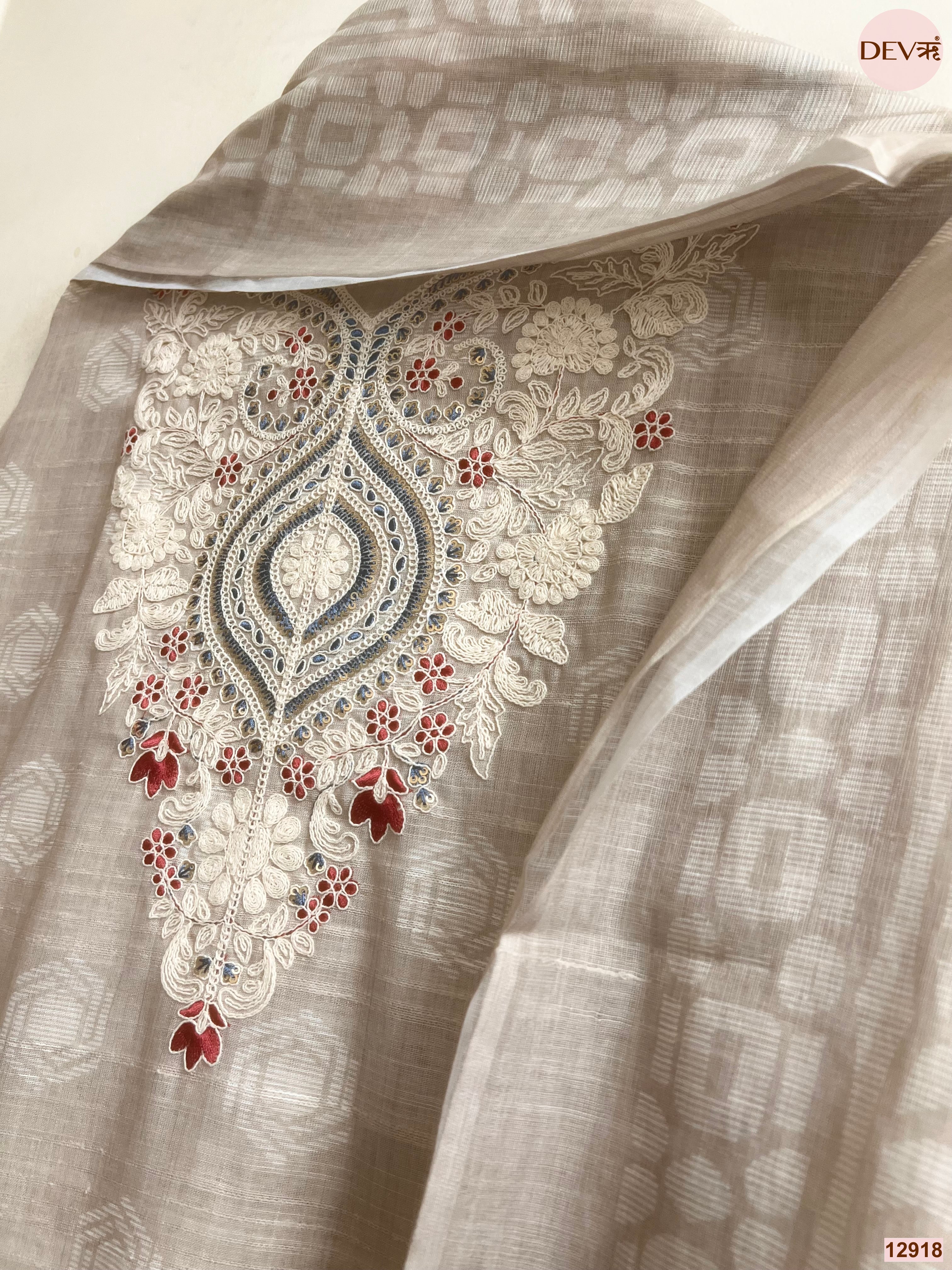 Beige Jamdani Cotton Embroidered Unstitched 3-Piece Suit (Devri – D.No 12918)
