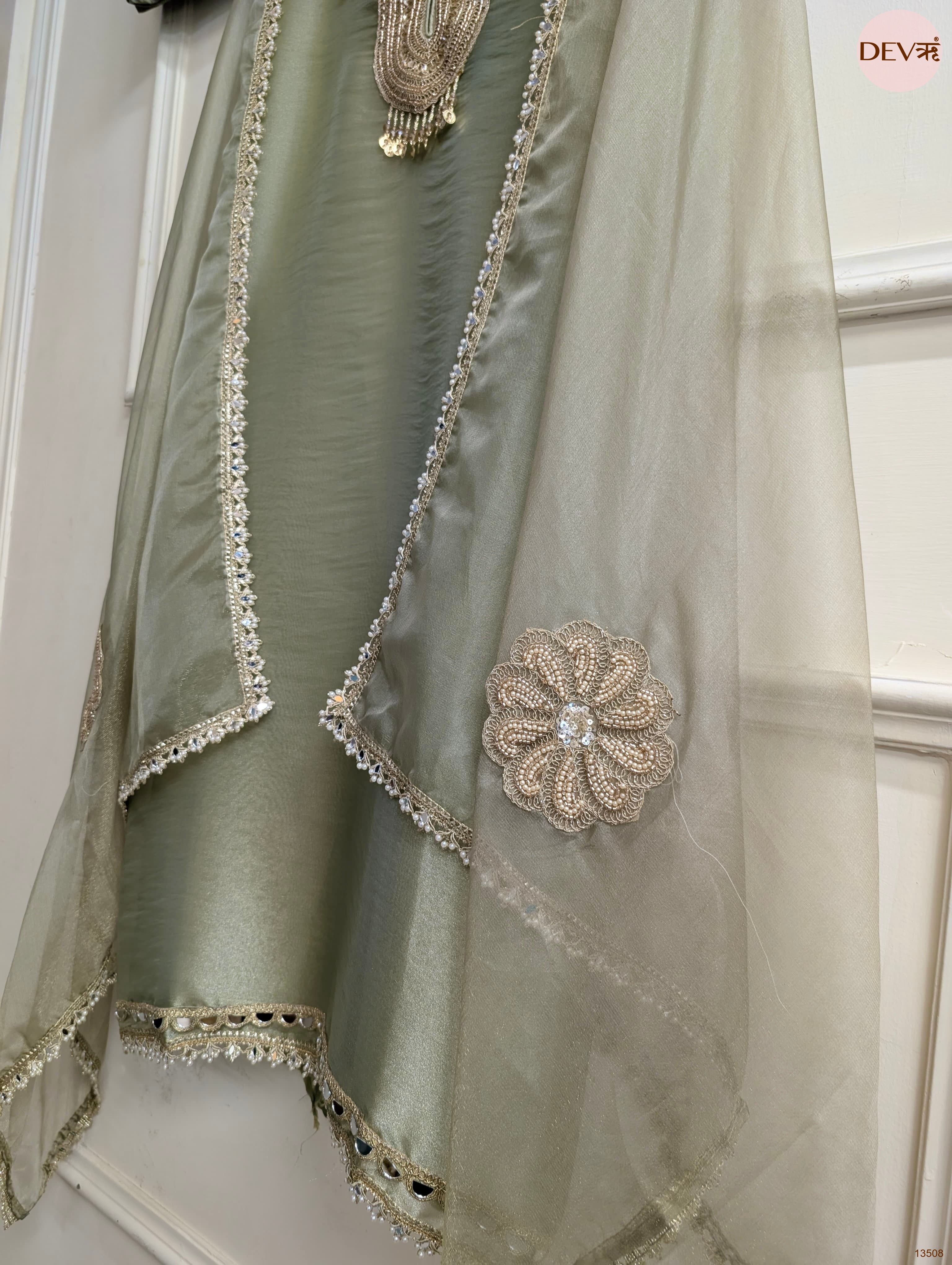 Sage Tissue Silk Hand Unstitched 3-Piece Suit (Devri – D.No 13508)