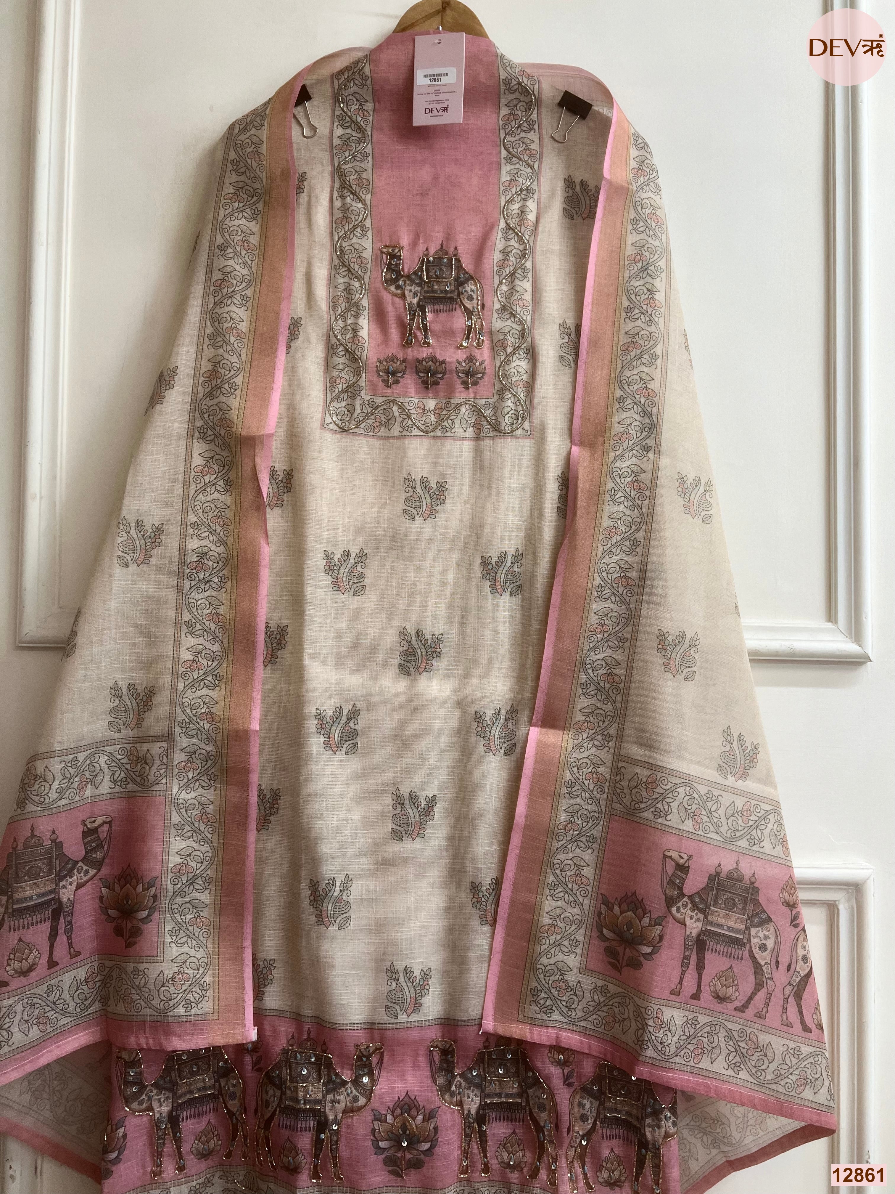 Pink Linen Cotton Printed Unstitched 3-Piece Suit (Devri – D.No 12861)