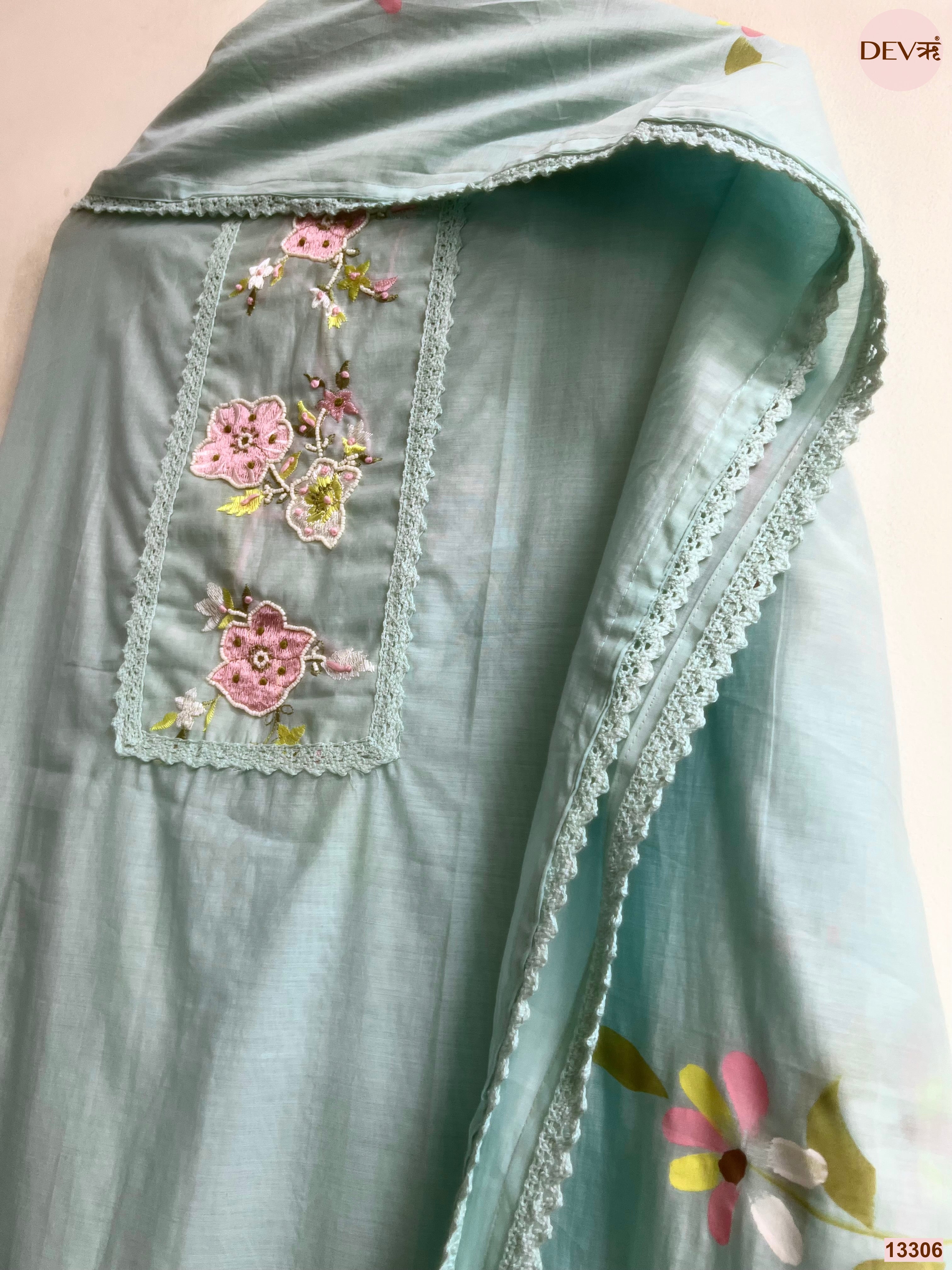 Mint Mul Cotton Embroidered Unstitched 3-Piece Suit (Devri – D.No 13306)