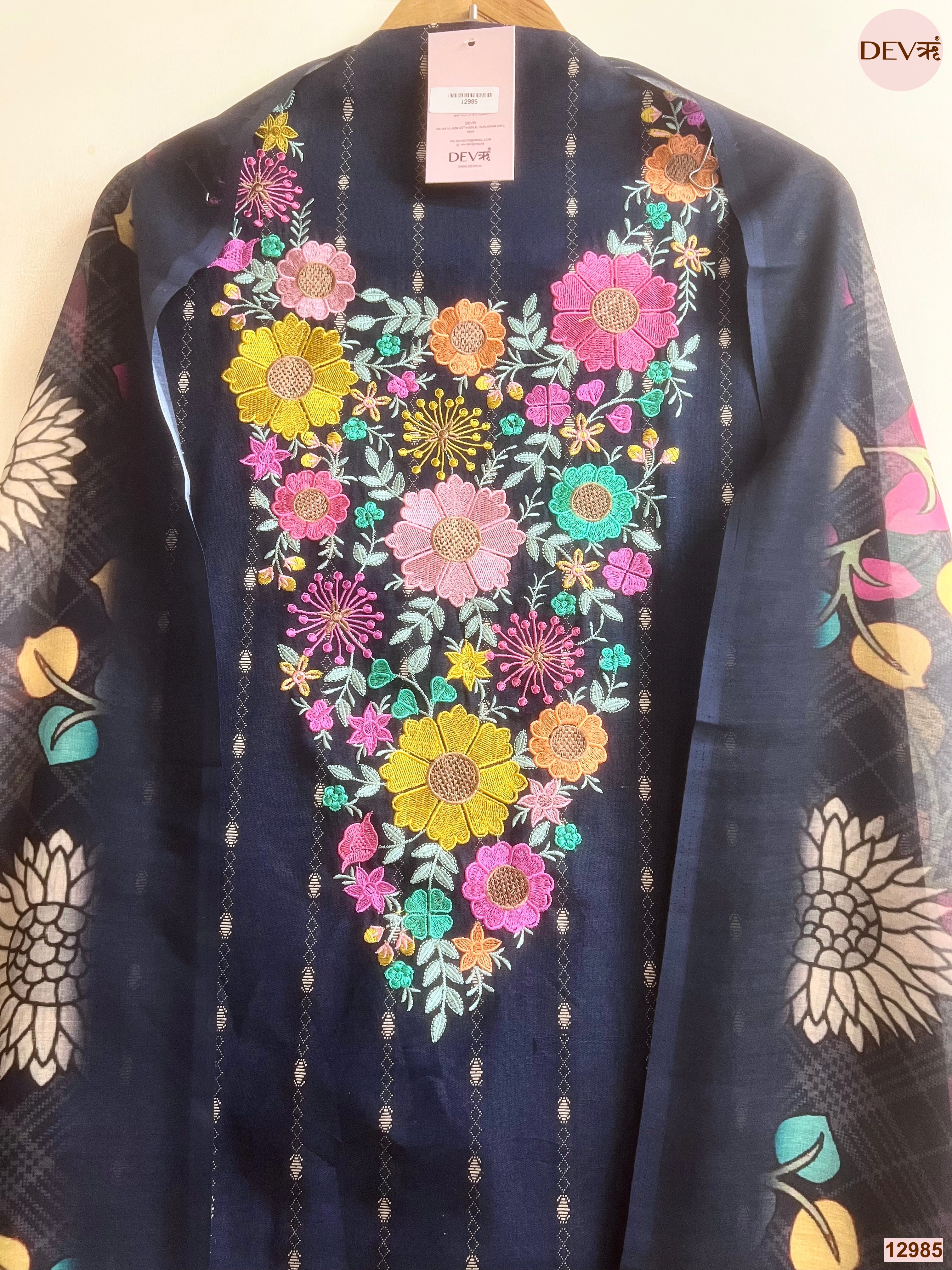 Navy Cotton Handloom Printed Unstitched 3-Piece Suit (Devri – D.No 12985)