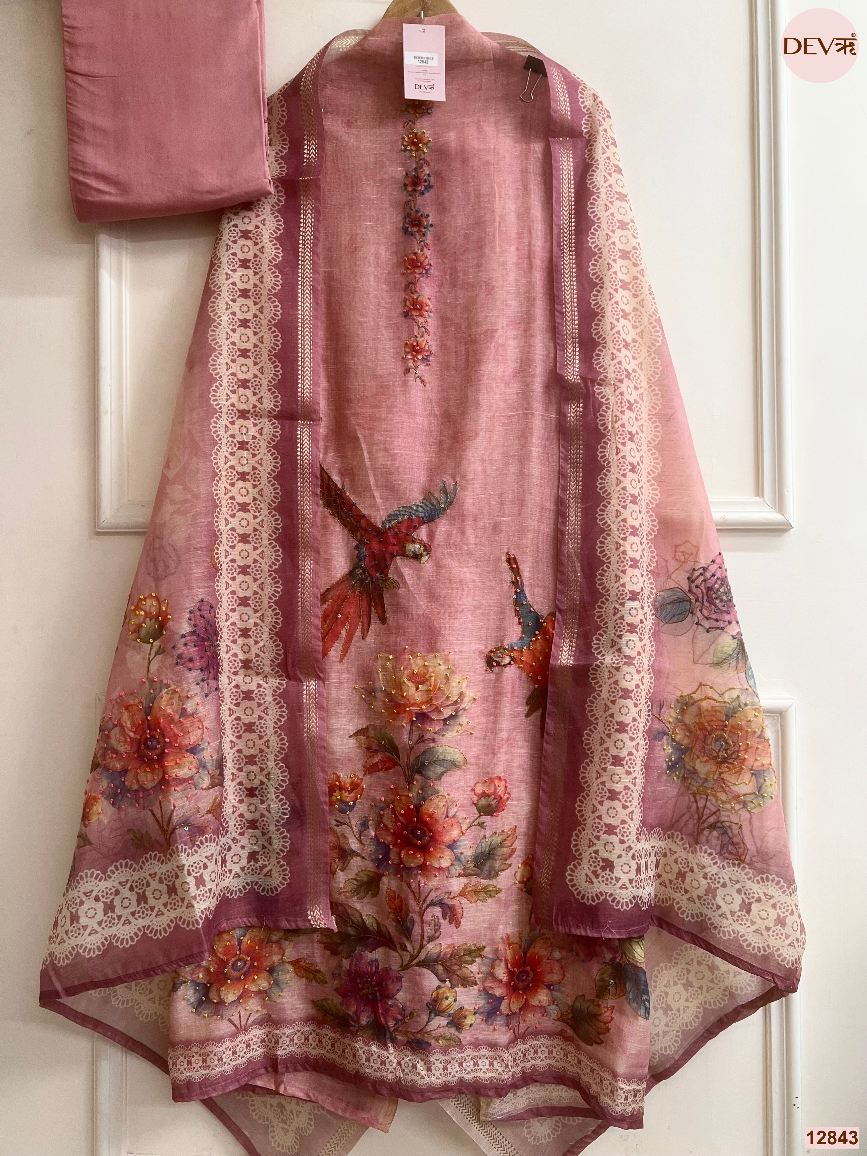 Pink Mul Chanderi Printed Unstitched 3-Piece Suit (Devri – D.No 12843)