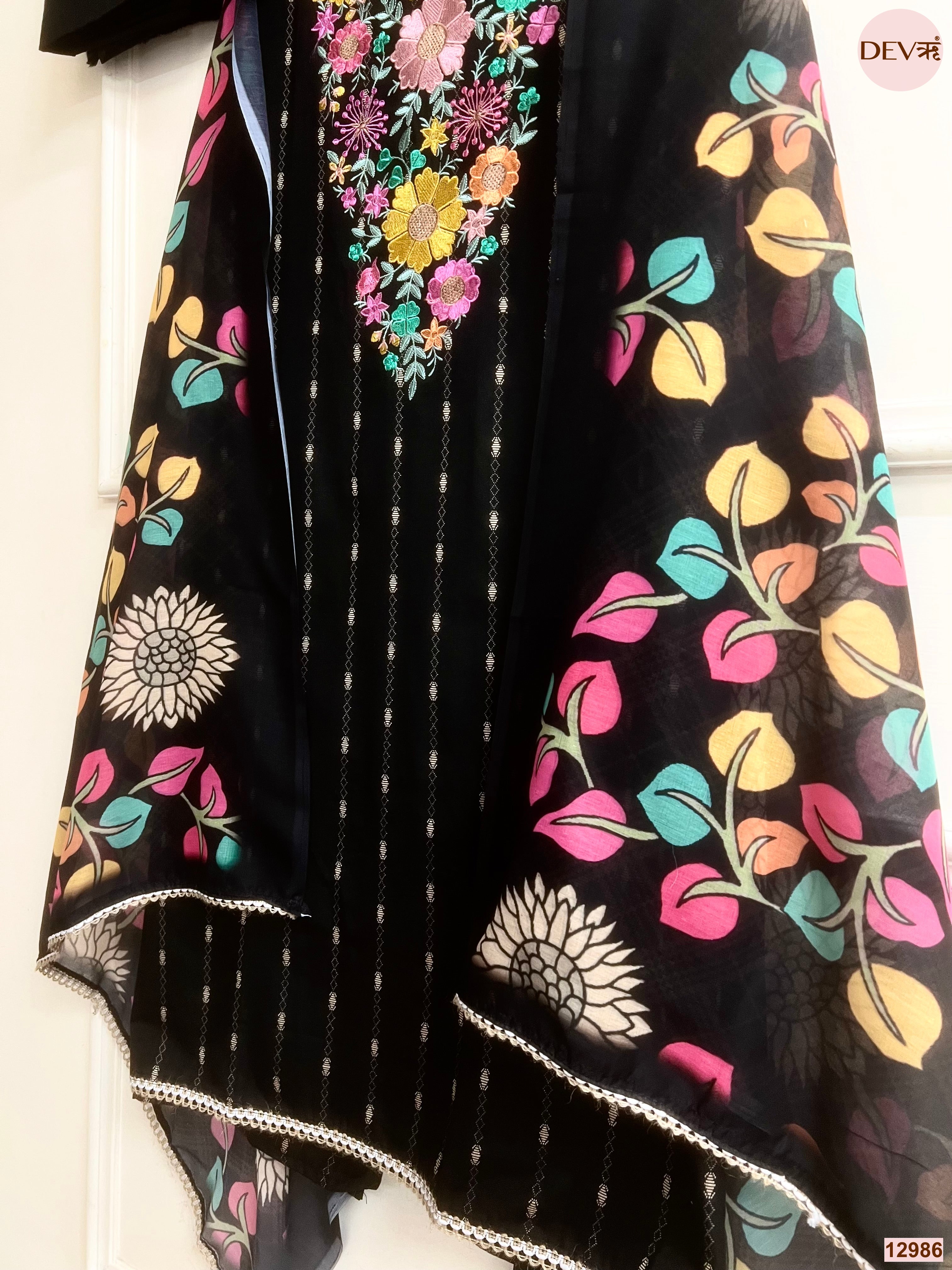 Black Cotton Handloom Printed Unstitched 3-Piece Suit (Devri – D.No 12986)