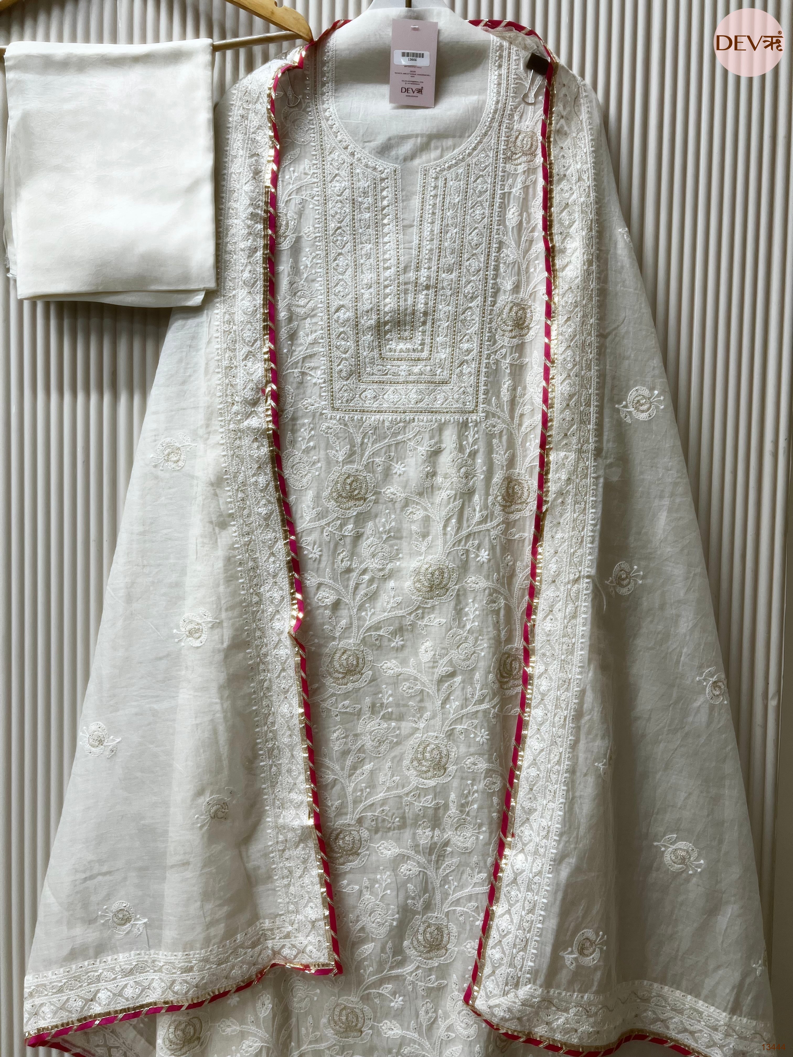 White Mul chanderi Embroidered Unstitched 3-Piece Suit (Devri – D.No 13444)