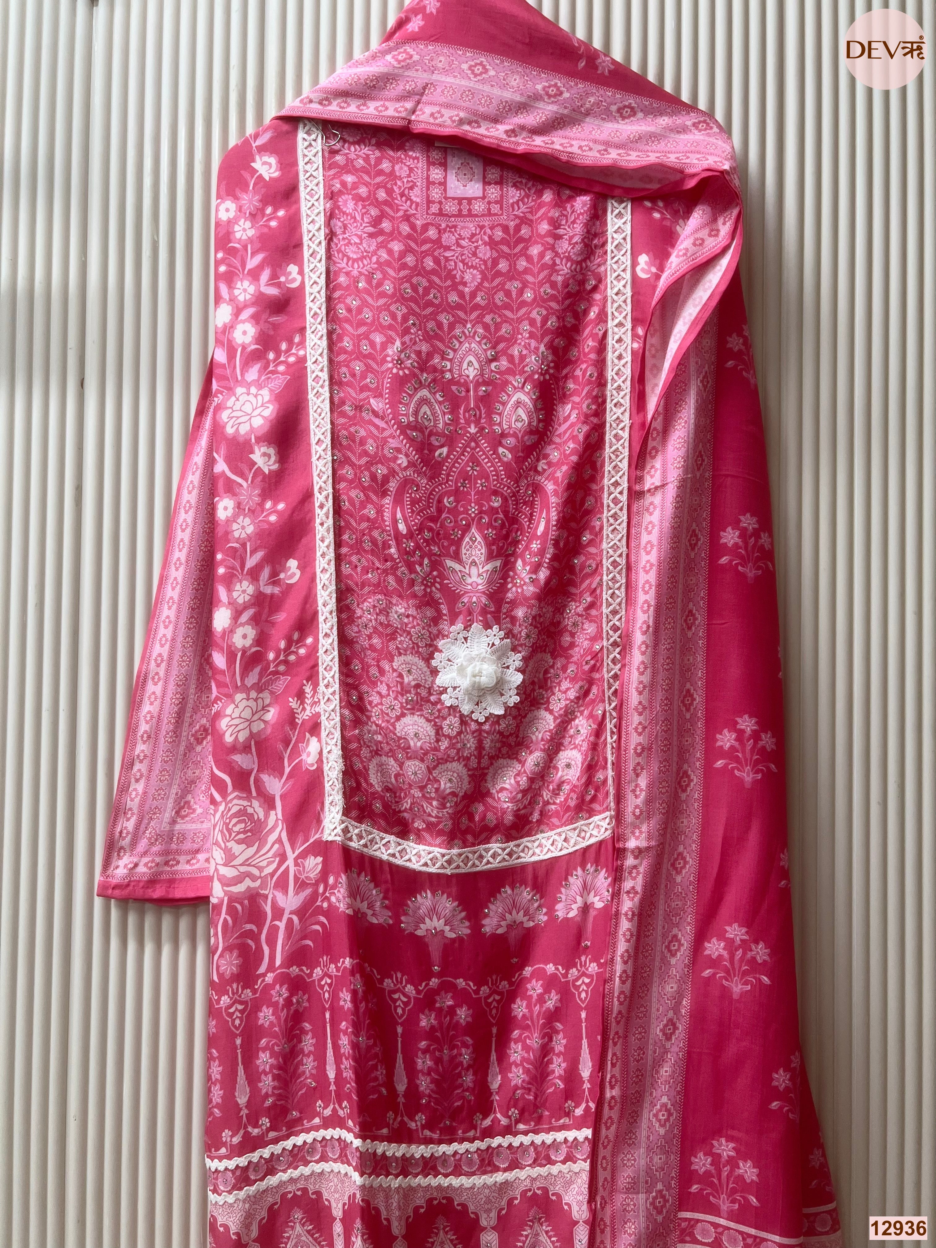Pink Muslin Printed Unstitched 3-Piece Suit (Devri – D.No 12936)