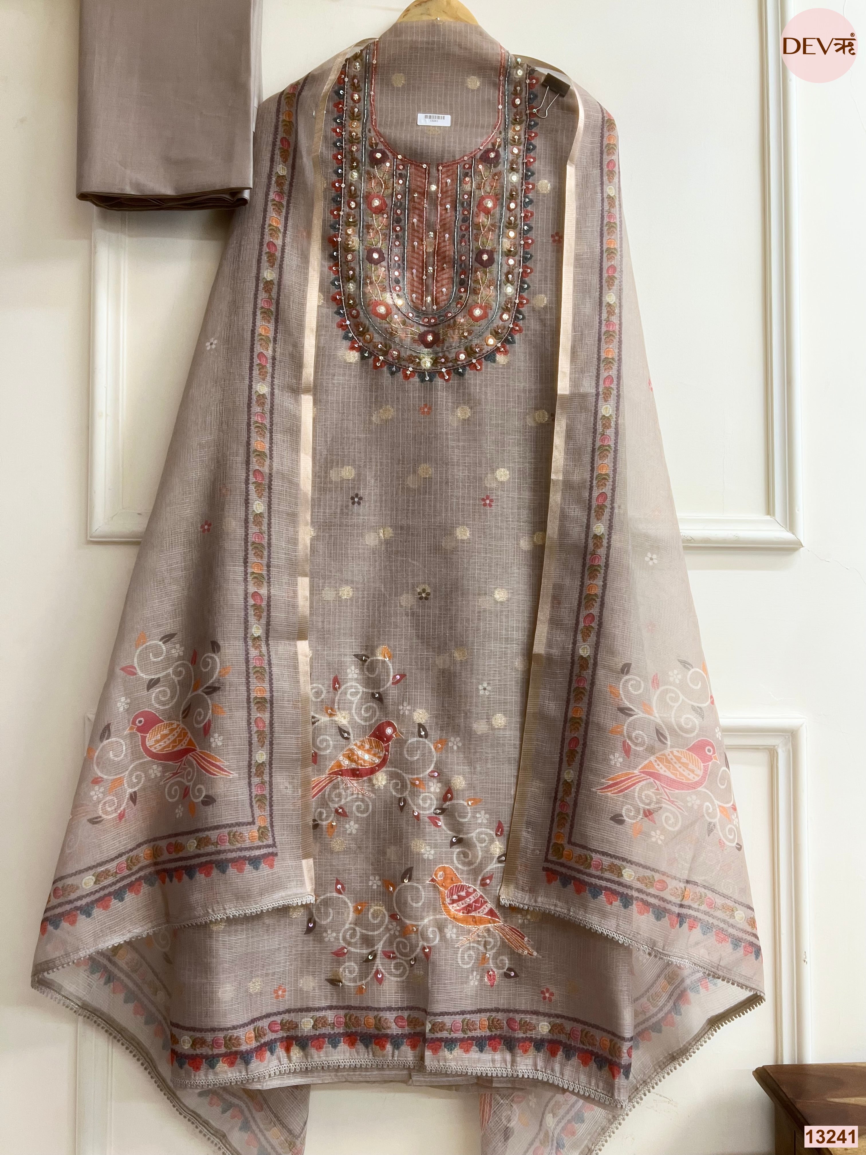 Taupe Kota Printed Unstitched 3-Piece Suit (Devri – D.No 13241)