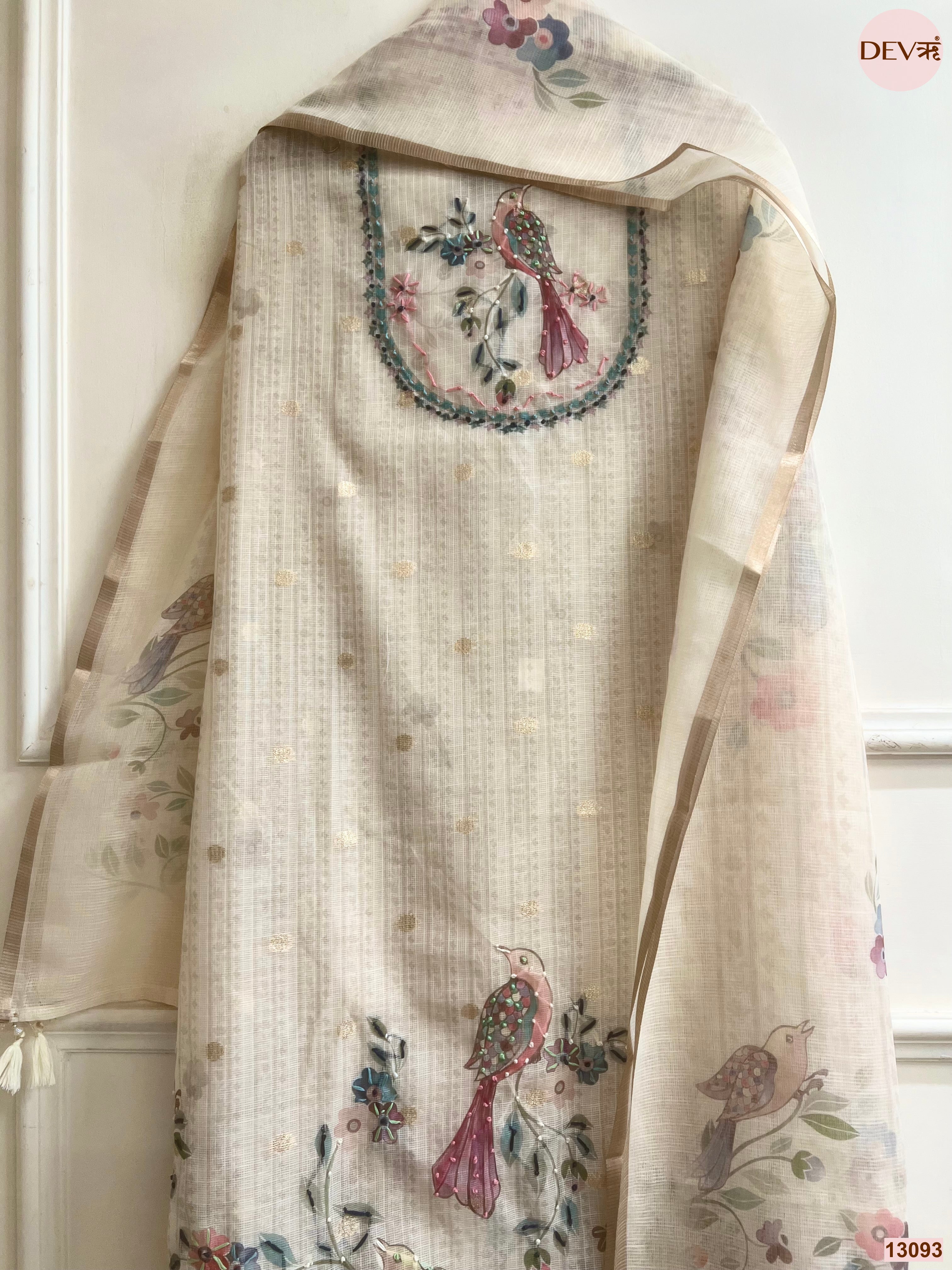 Cream Kota Embroidered Unstitched 3-Piece Suit (Devri – D.No 13093)