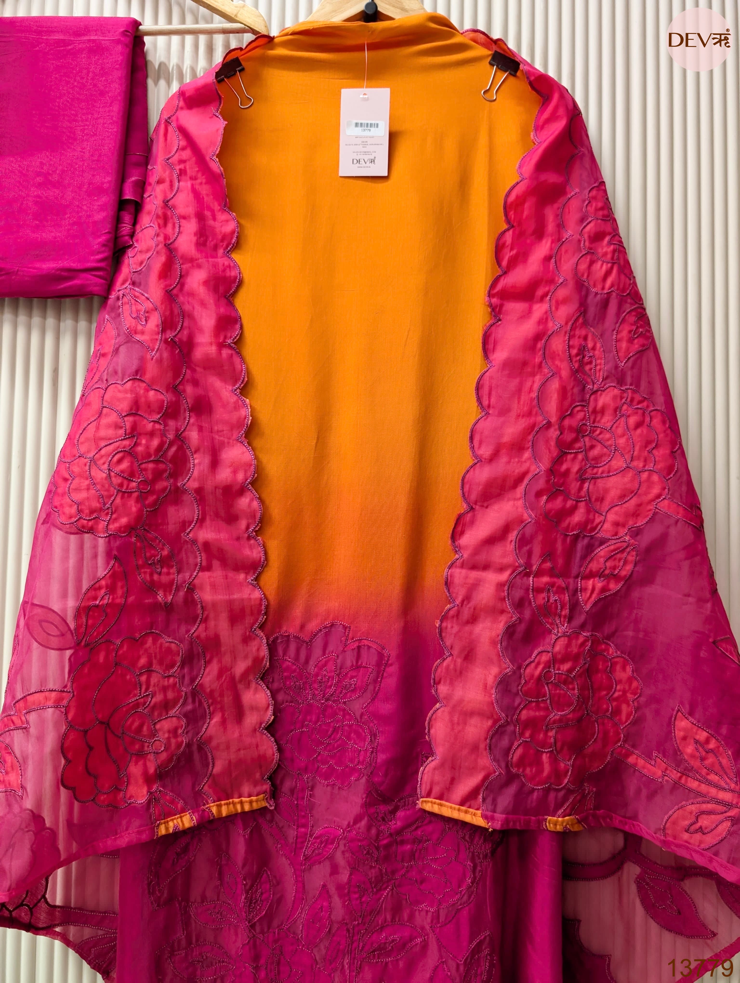 Orange Muslin Embroidered Unstitched 3-Piece Suit (Devri – D.No 13779)