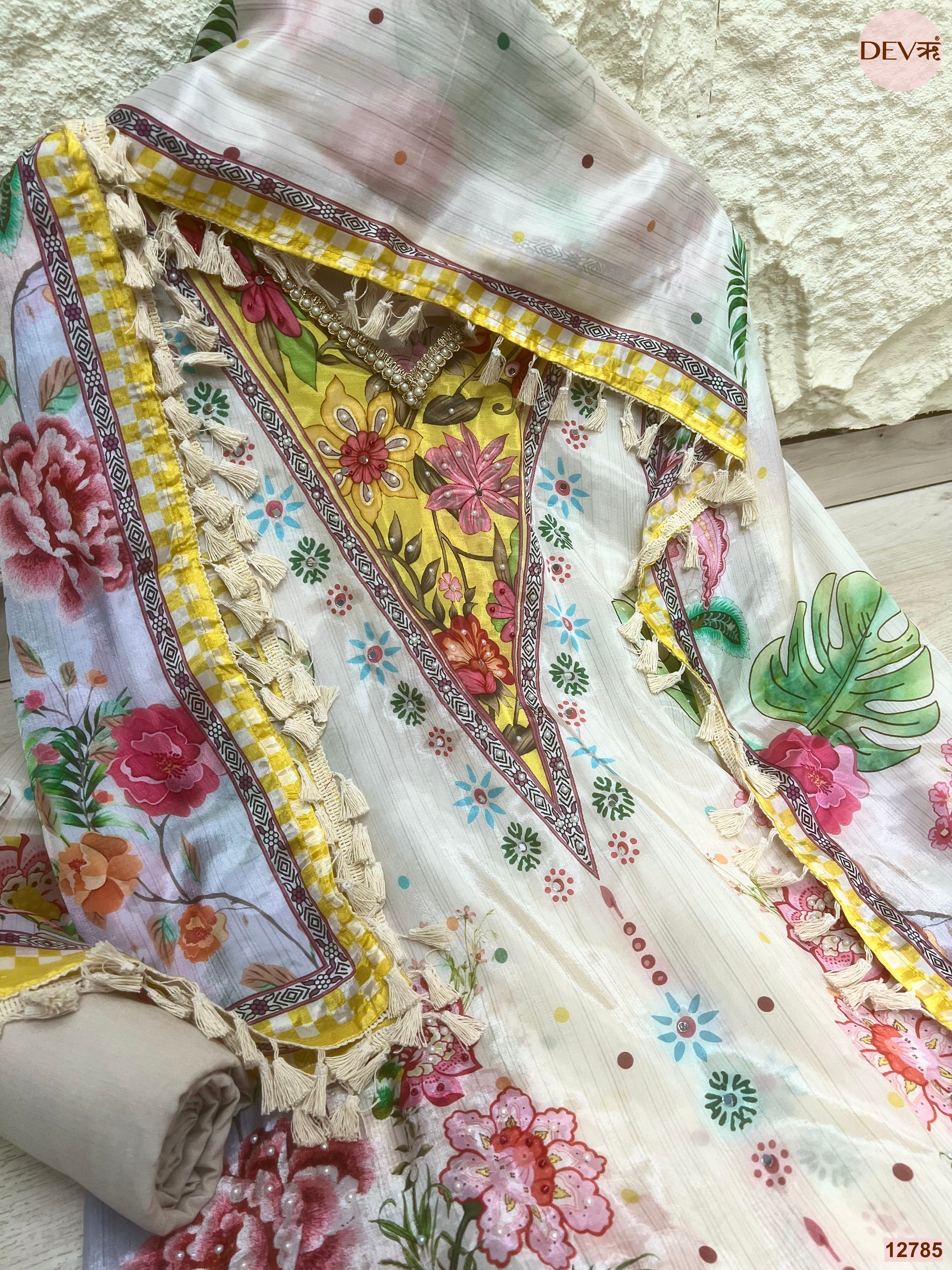 White organza Printed Unstitched 3-Piece Suit (Devri – D.No 12785)