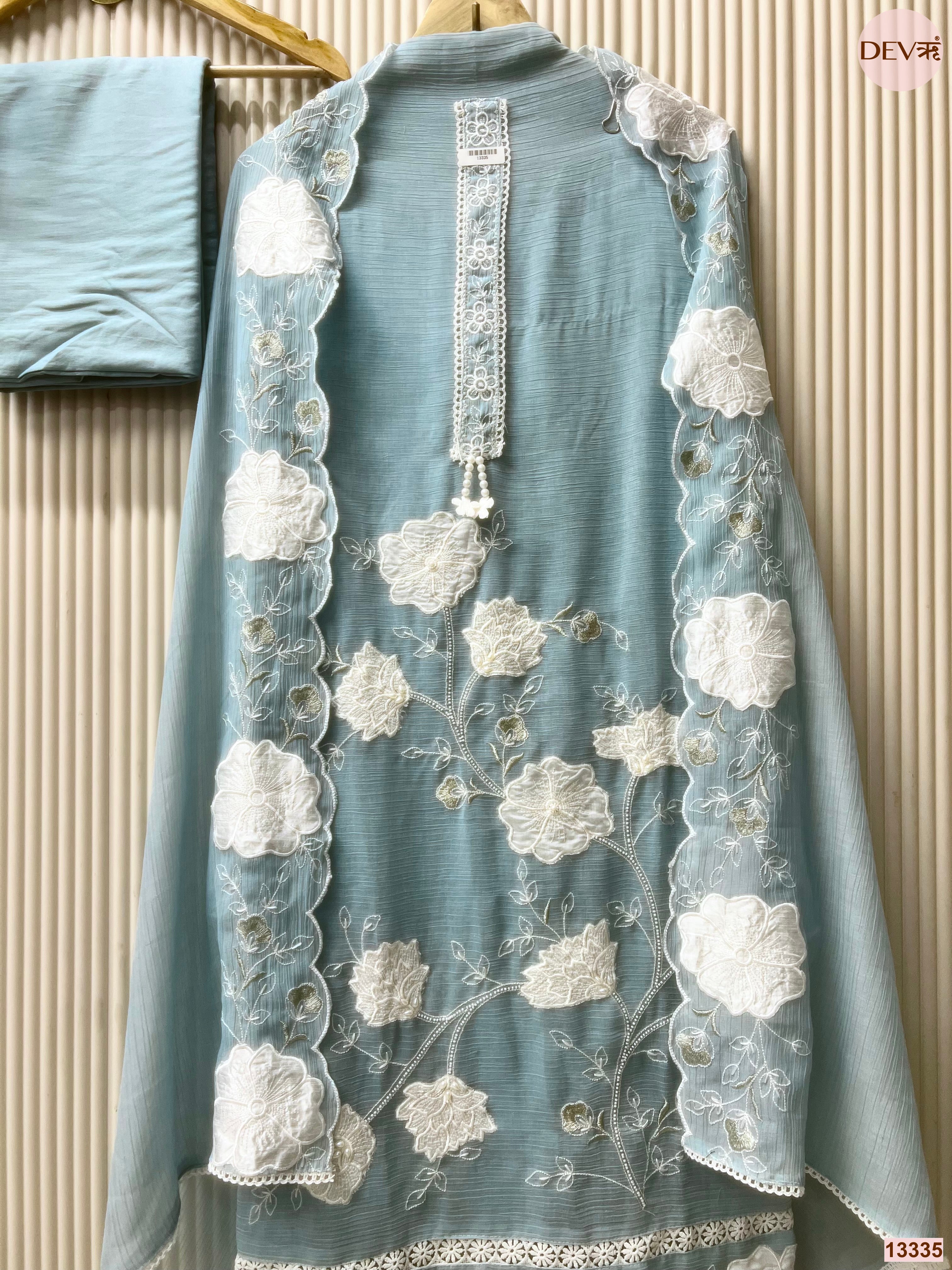 Blue Mul Chanderi Crush Embroidered Unstitched 3-Piece Suit (Devri – D.No 13335)