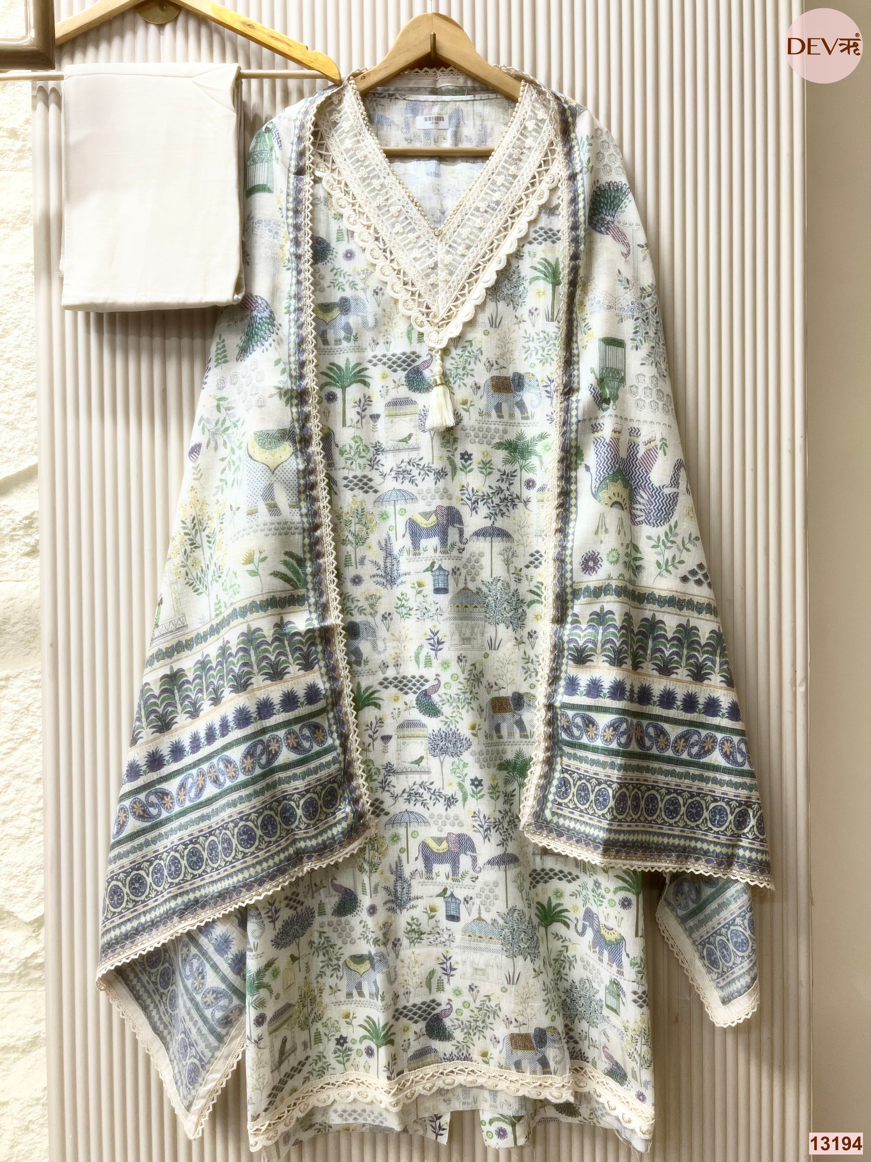 White Cotton Printed Unstitched 3-Piece Suit (Devri – D.No 13194)