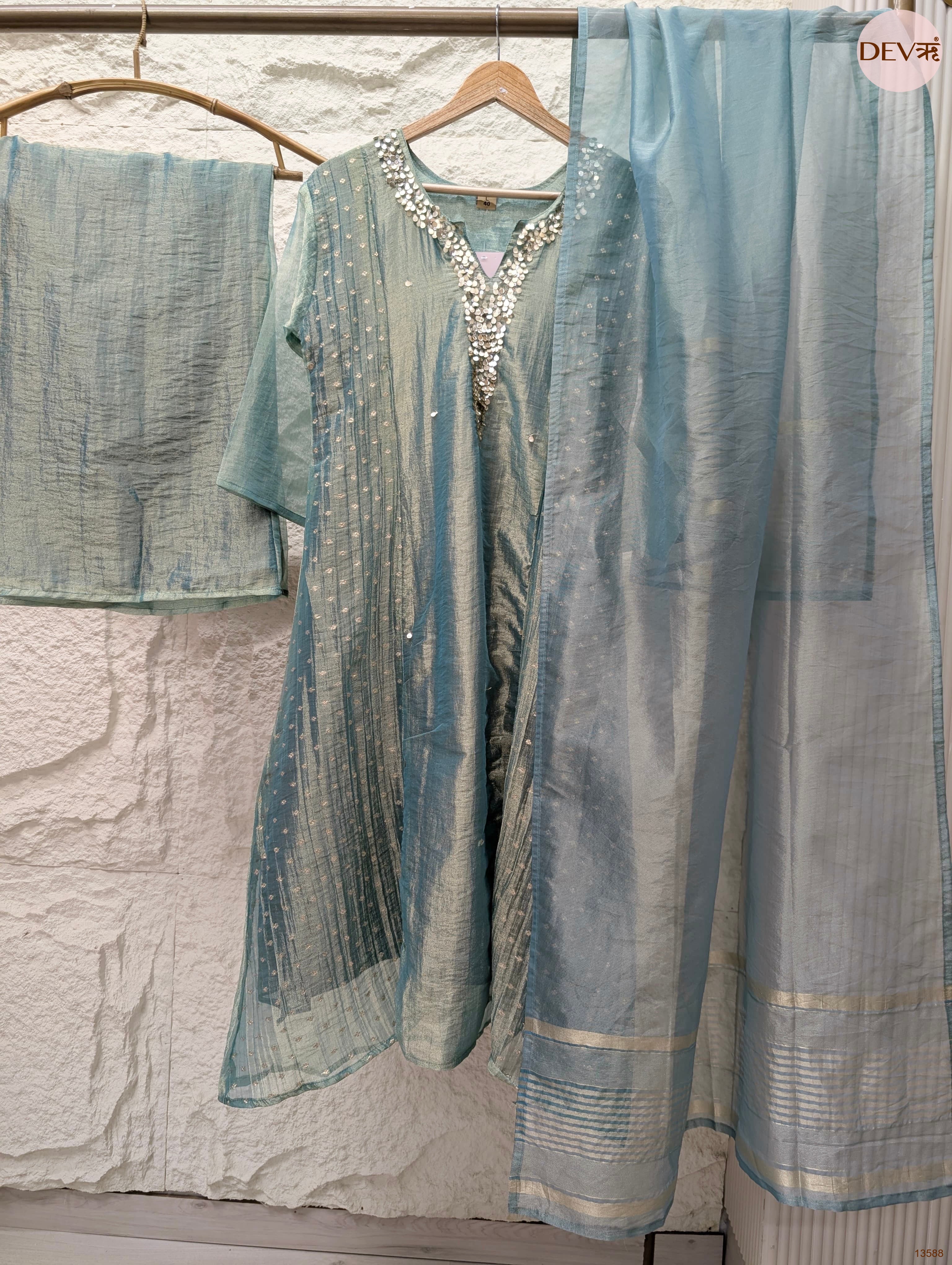 Zareen Tissue Crush Silk Embroidered Sea Green 3-Piece Set (Devri – D.No 13588)
