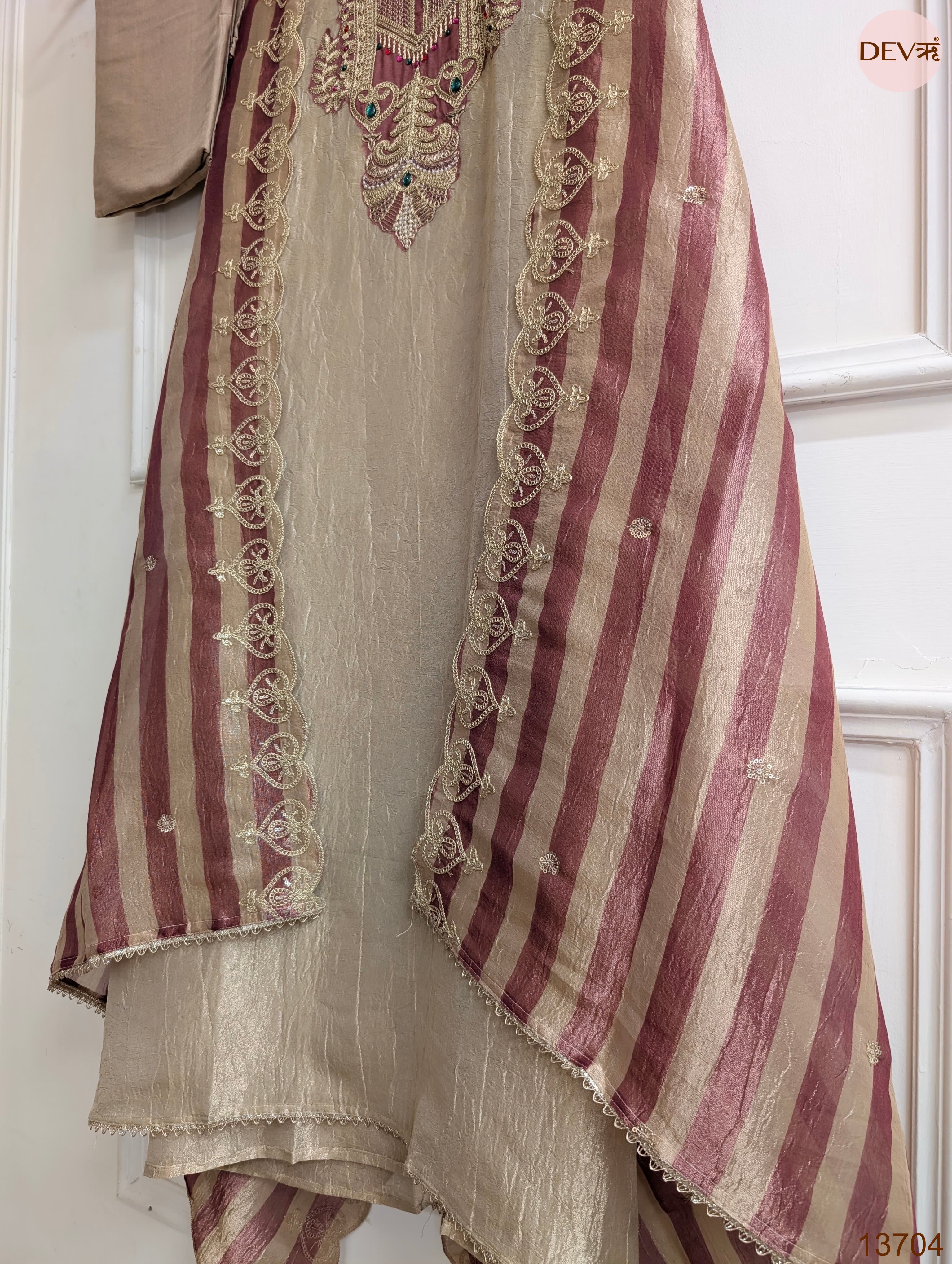 Beige Pure Tissue Silk Embroidered Unstitched 3-Piece Suit (Devri – D.No 13704)