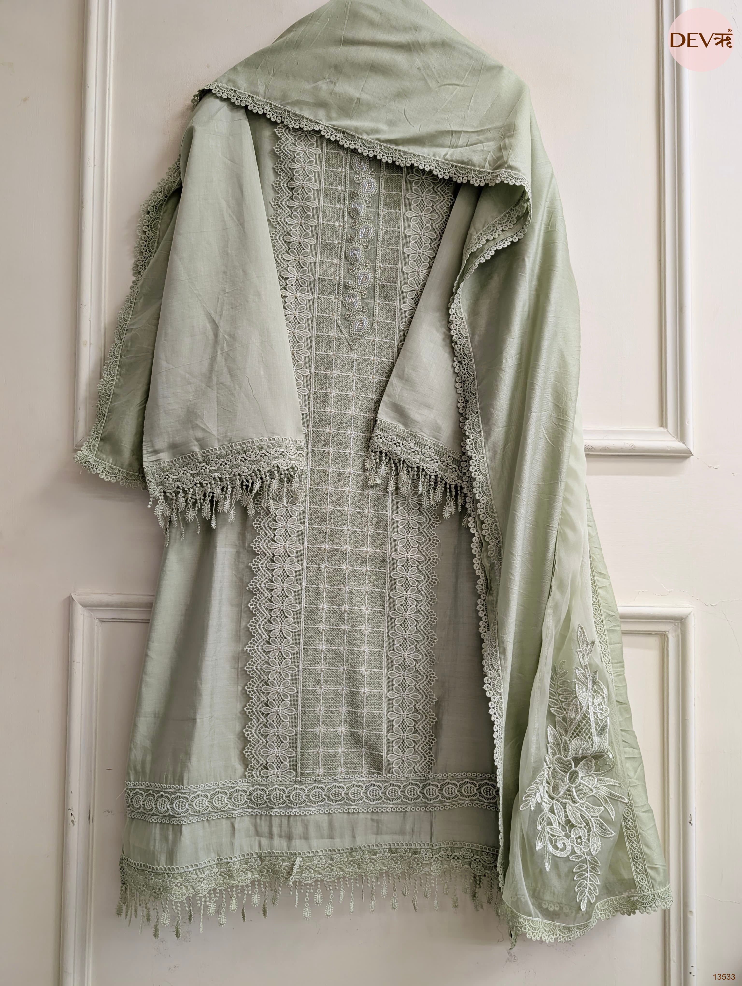 Sage Modal Silk Embroidered Unstitched 3-Piece Suit (Devri – D.No 13533)