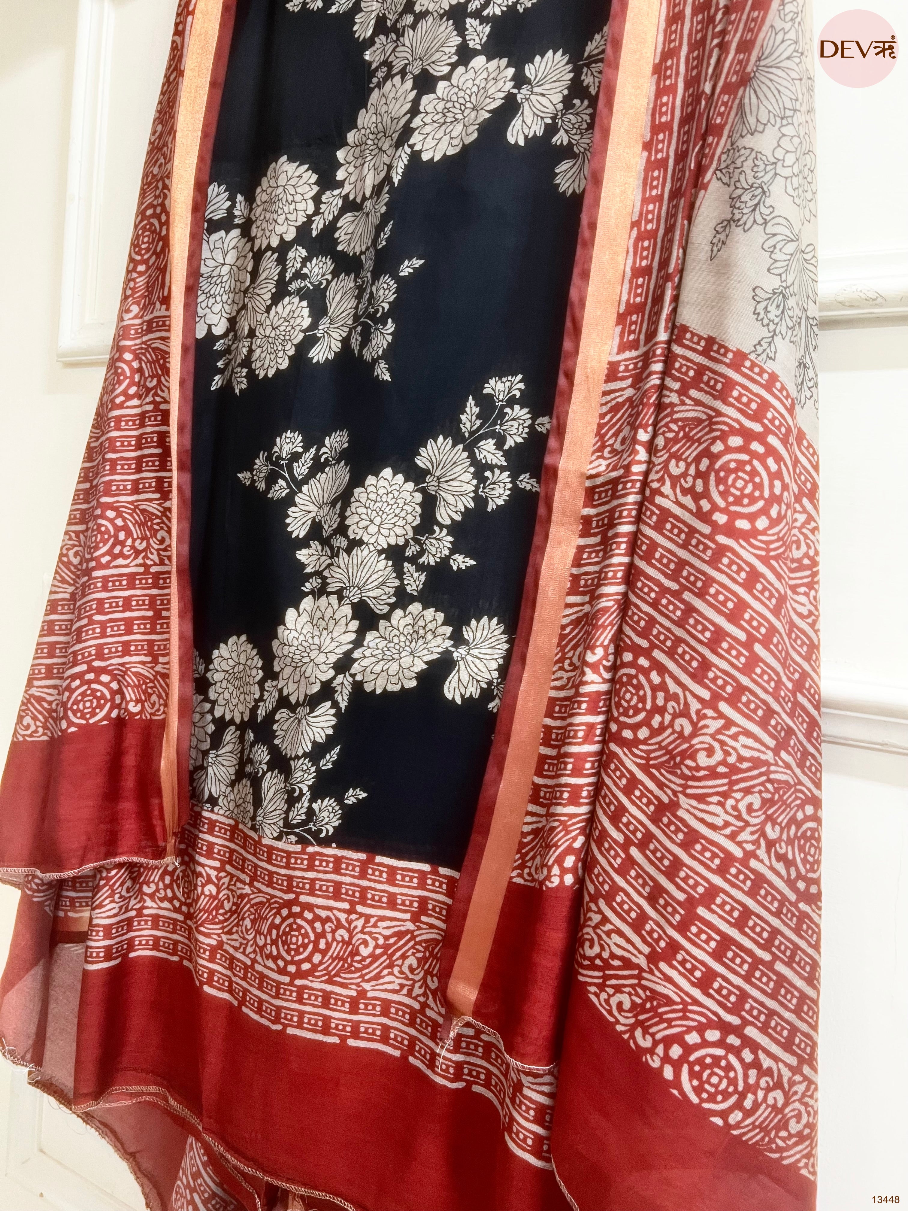 Black Maheshwari Silk Printed Unstitched 3-Piece Suit (Devri – D.No 13448)