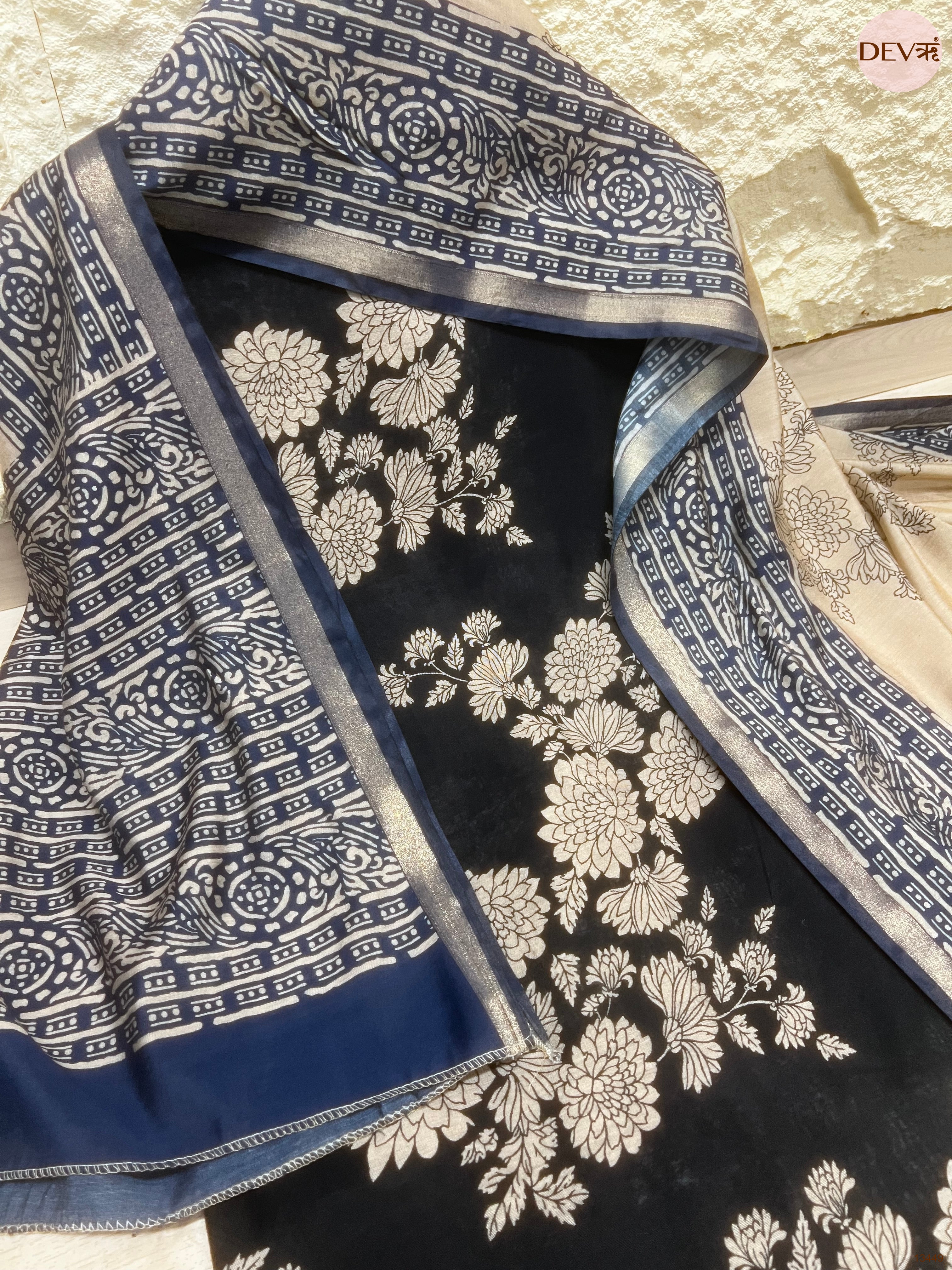 Navy Maheshwari Silk Printed Unstitched 3-Piece Suit (Devri – D.No 13449)