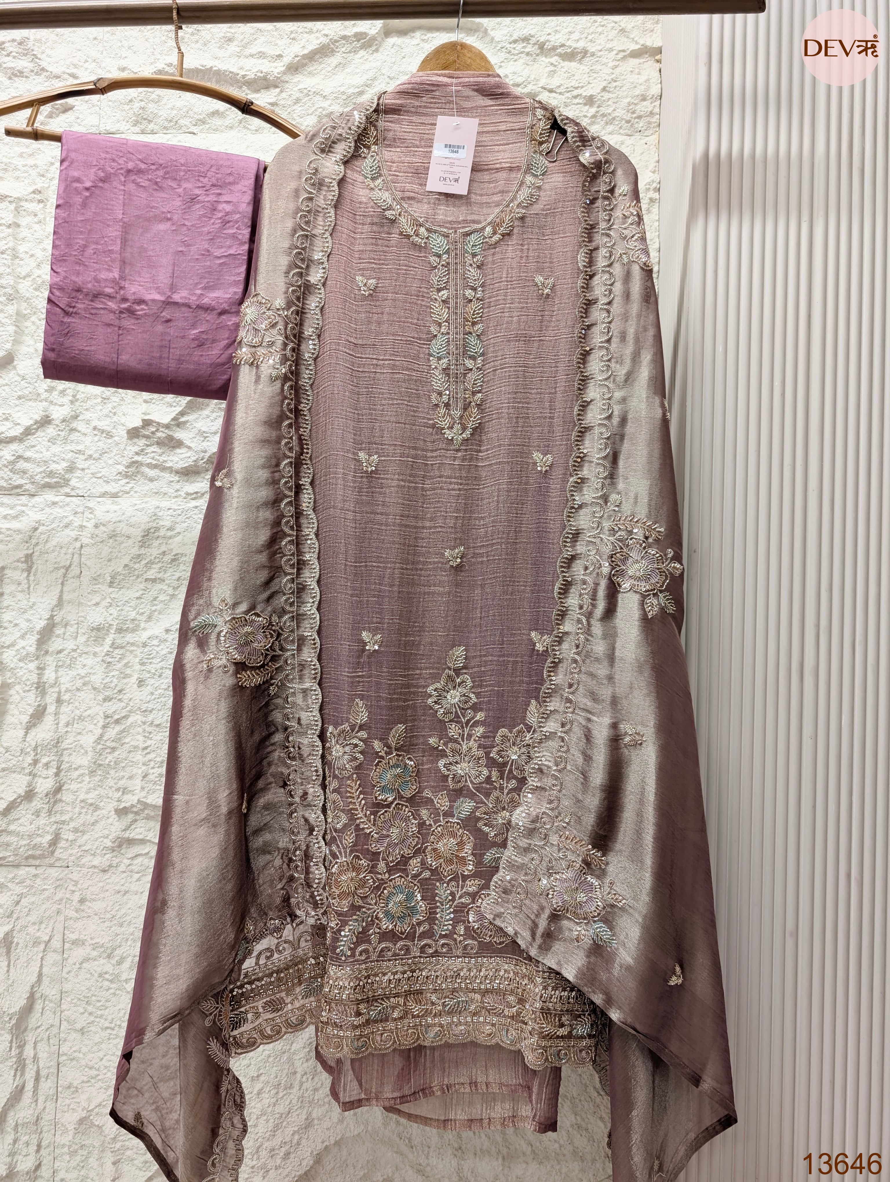 Mauve Tissue Crush Silk Embroidered Unstitched 3-Piece Suit (Devri – D.No 13646)