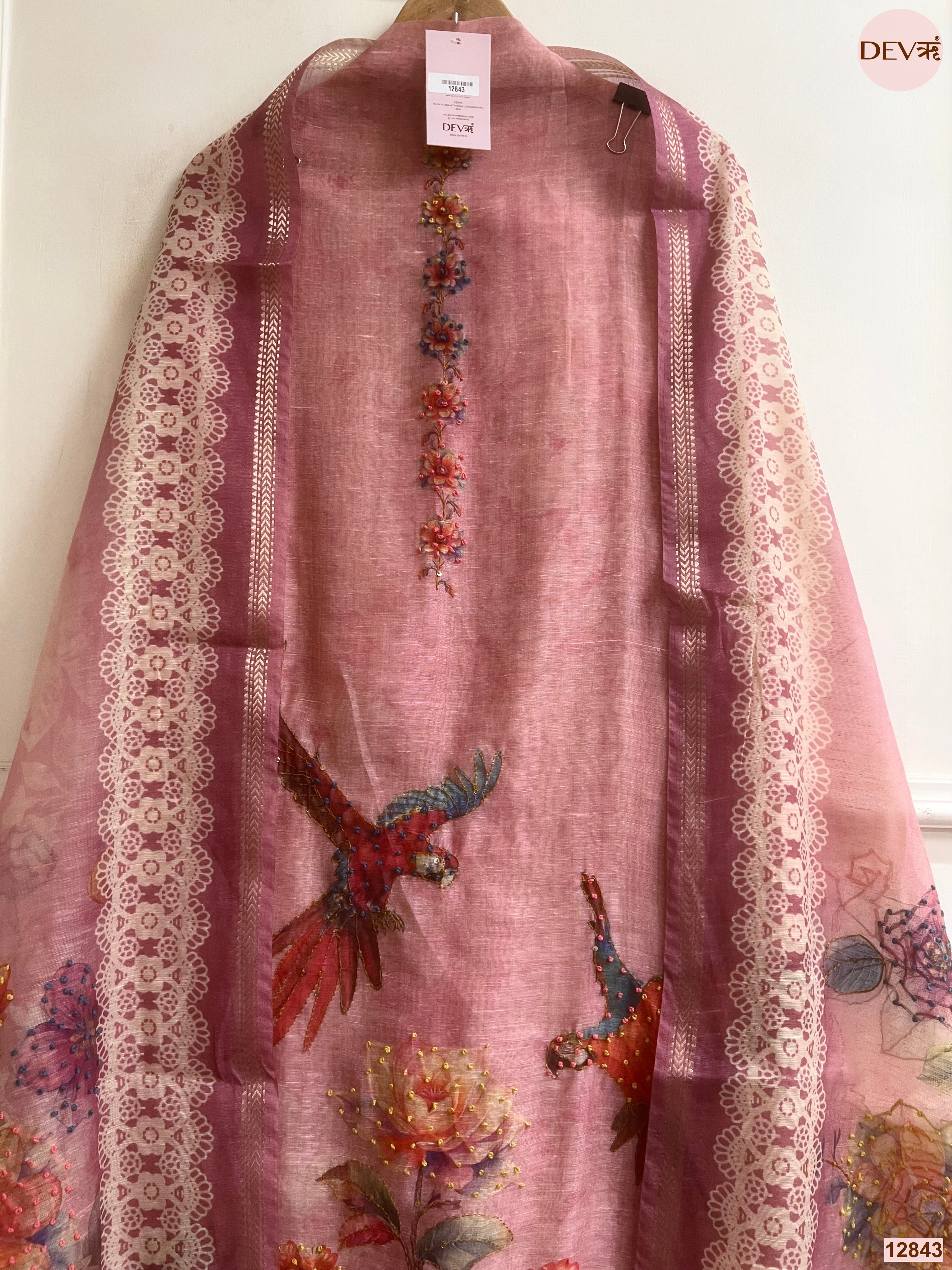 Pink Mul Chanderi Printed Unstitched 3-Piece Suit (Devri – D.No 12843)