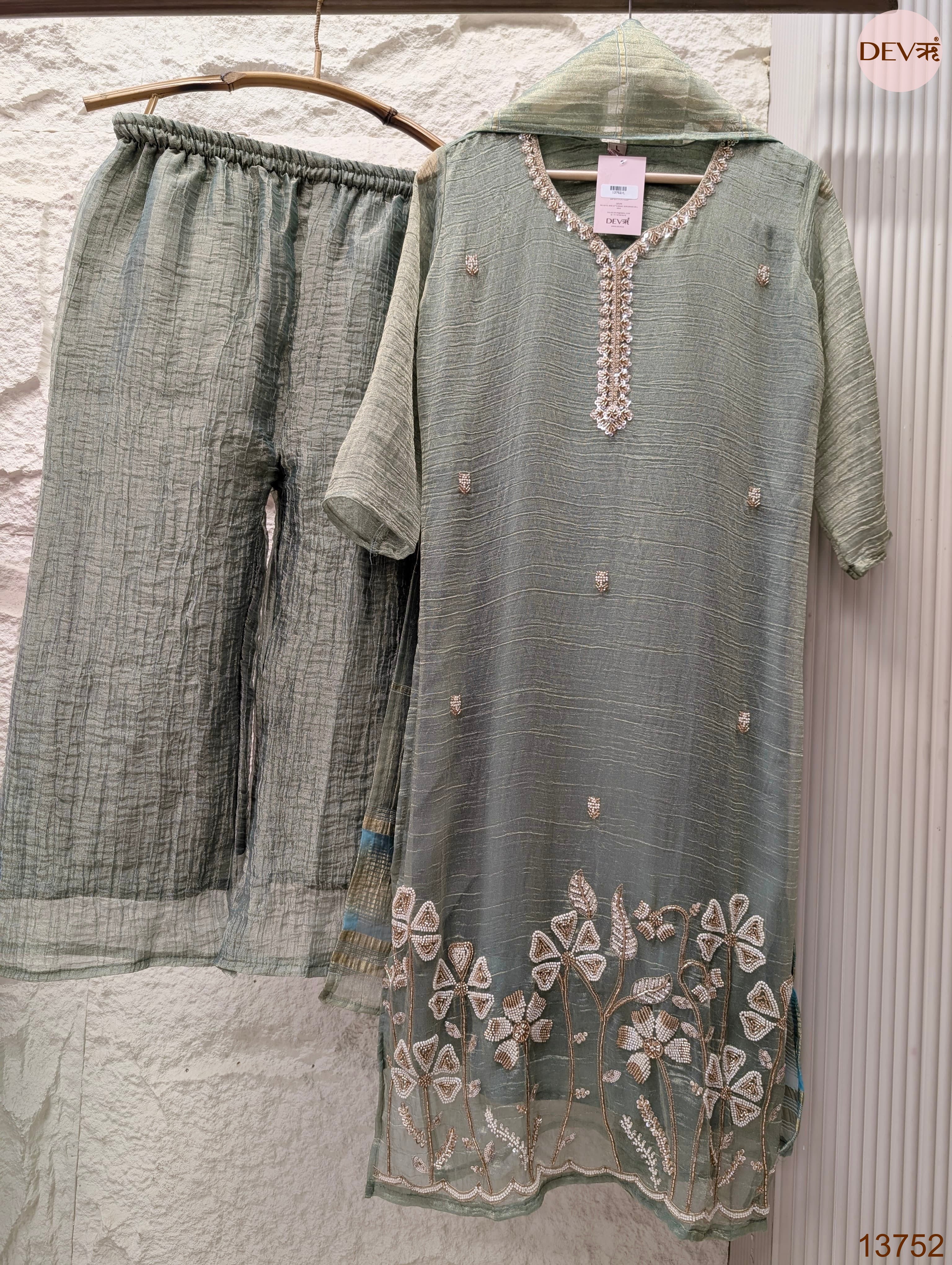 Gulnaar Tissue silk Embroidered Sage Green 3-Piece Set (Devri – D.No 13752)