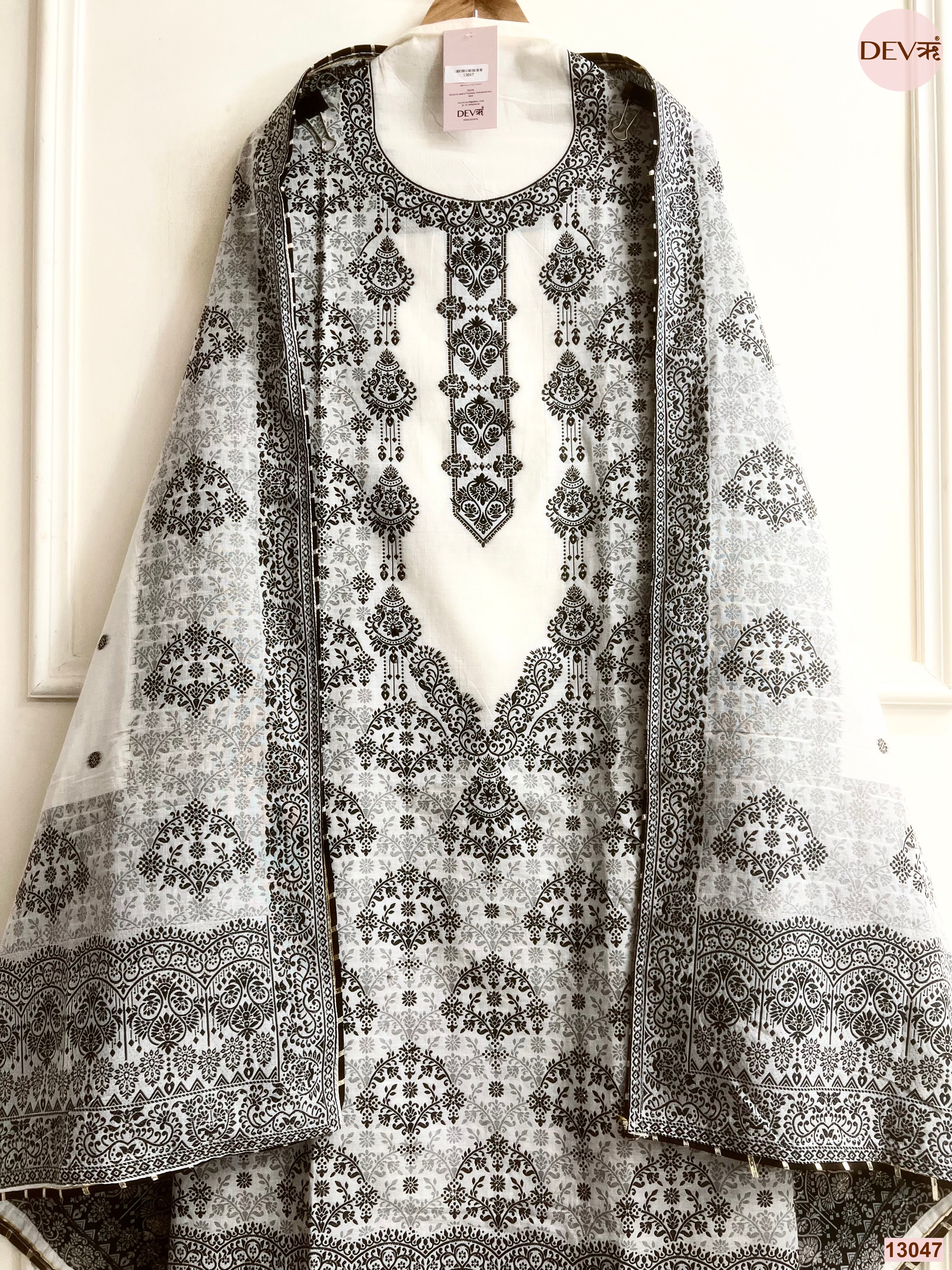 White Cotton Jamdani Printed Unstitched 3-Piece Suit (Devri – D.No 13047)