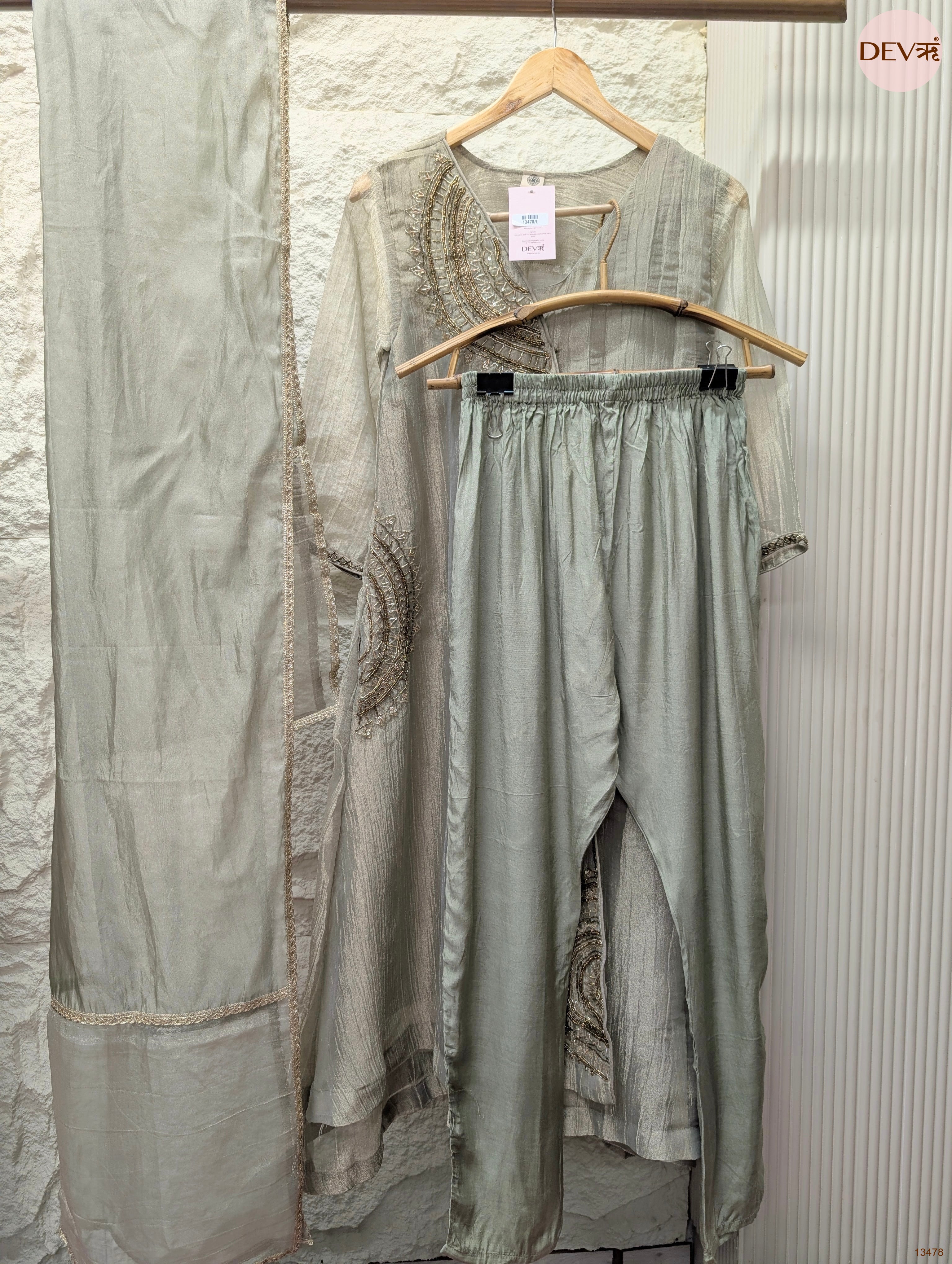 Zarmina Tissue Crush Embroidered Sage Green 3-Piece Set (Devri – D.No 13478)
