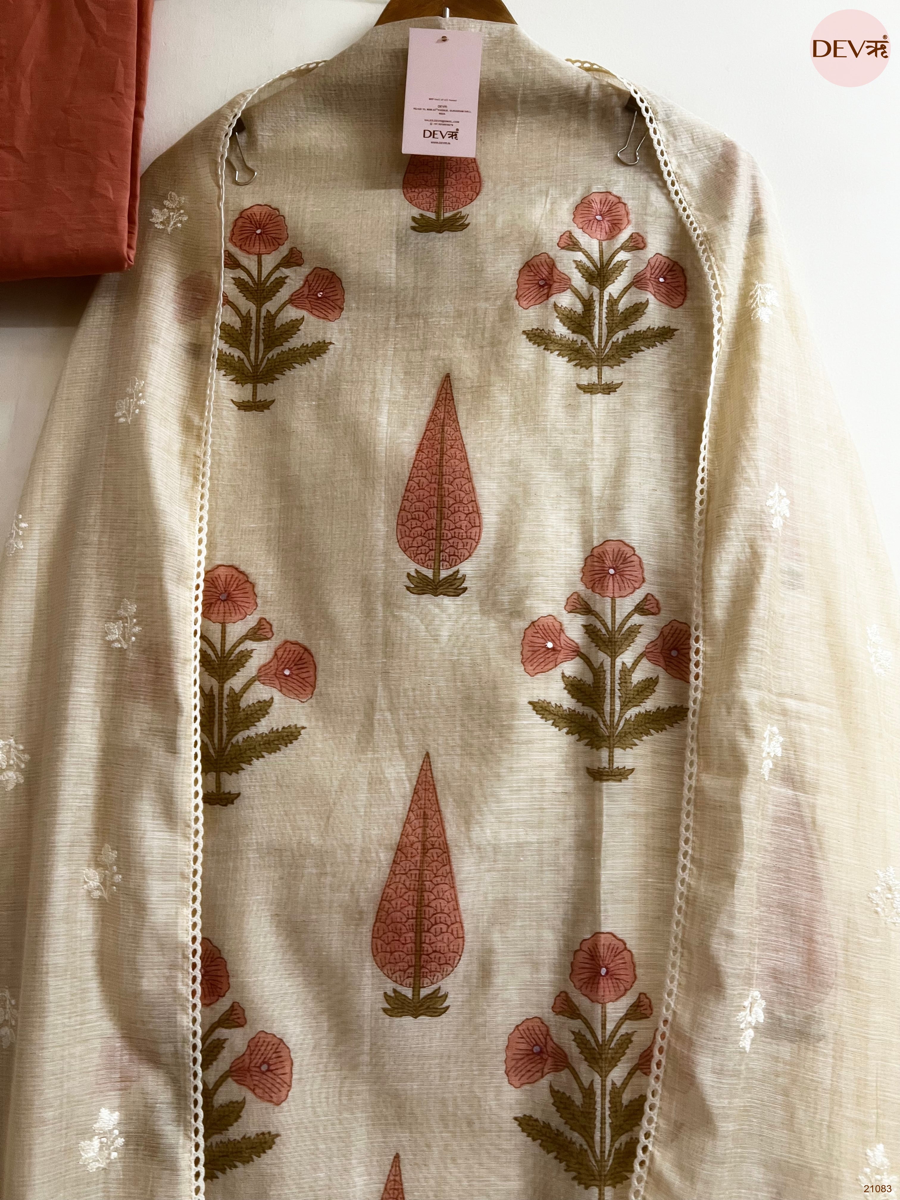 Beige Mul Chanderi Printed Unstitched 3-Piece Suit (Devri – D.No 21083)
