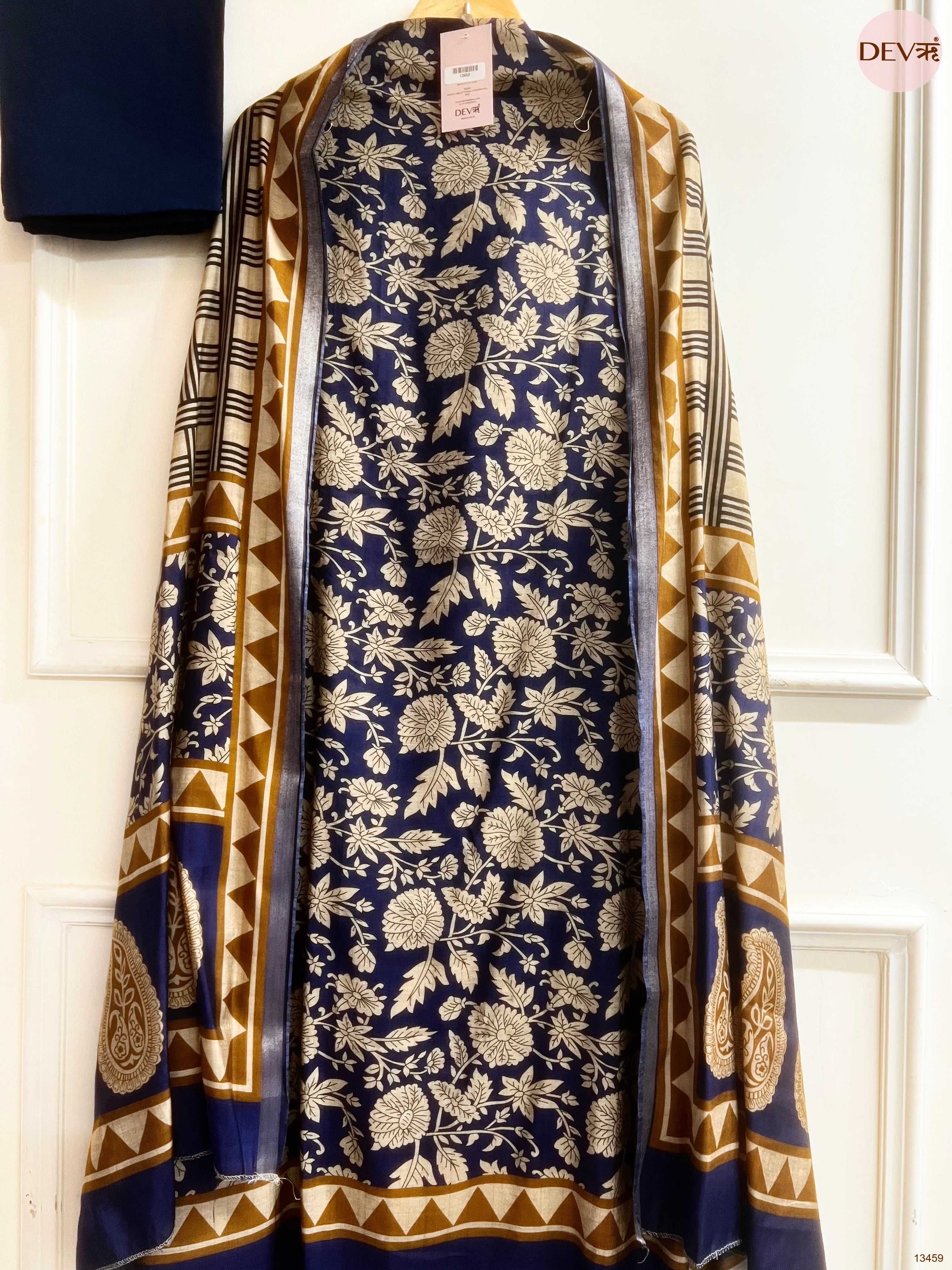 Navy Blue Maheshwari Silk Printed Unstitched 3-Piece Suit (Devri – D.No 13459)