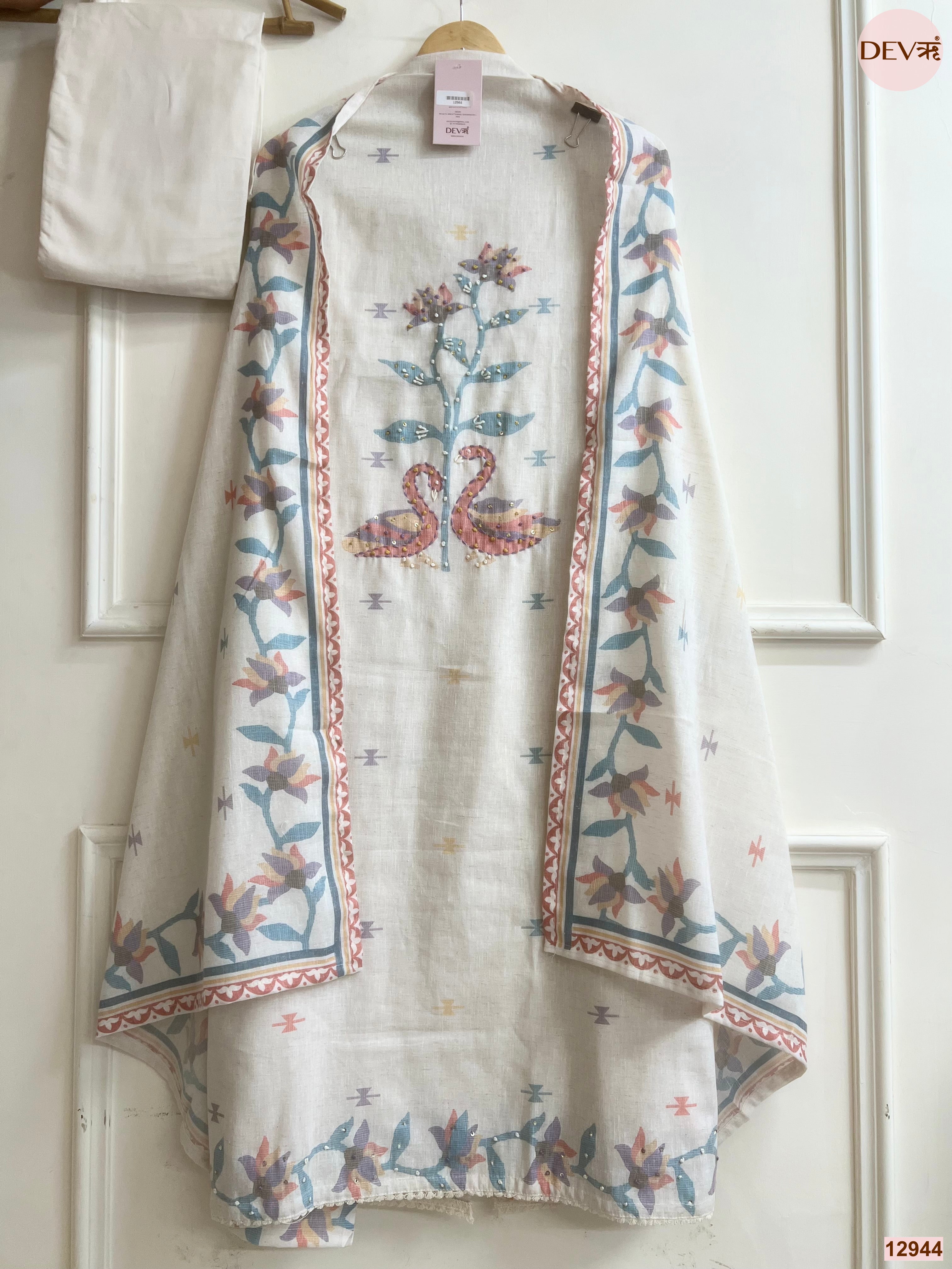 Off White Cotton Khadi Printed Unstitched 3-Piece Suit (Devri – D.No 12944)