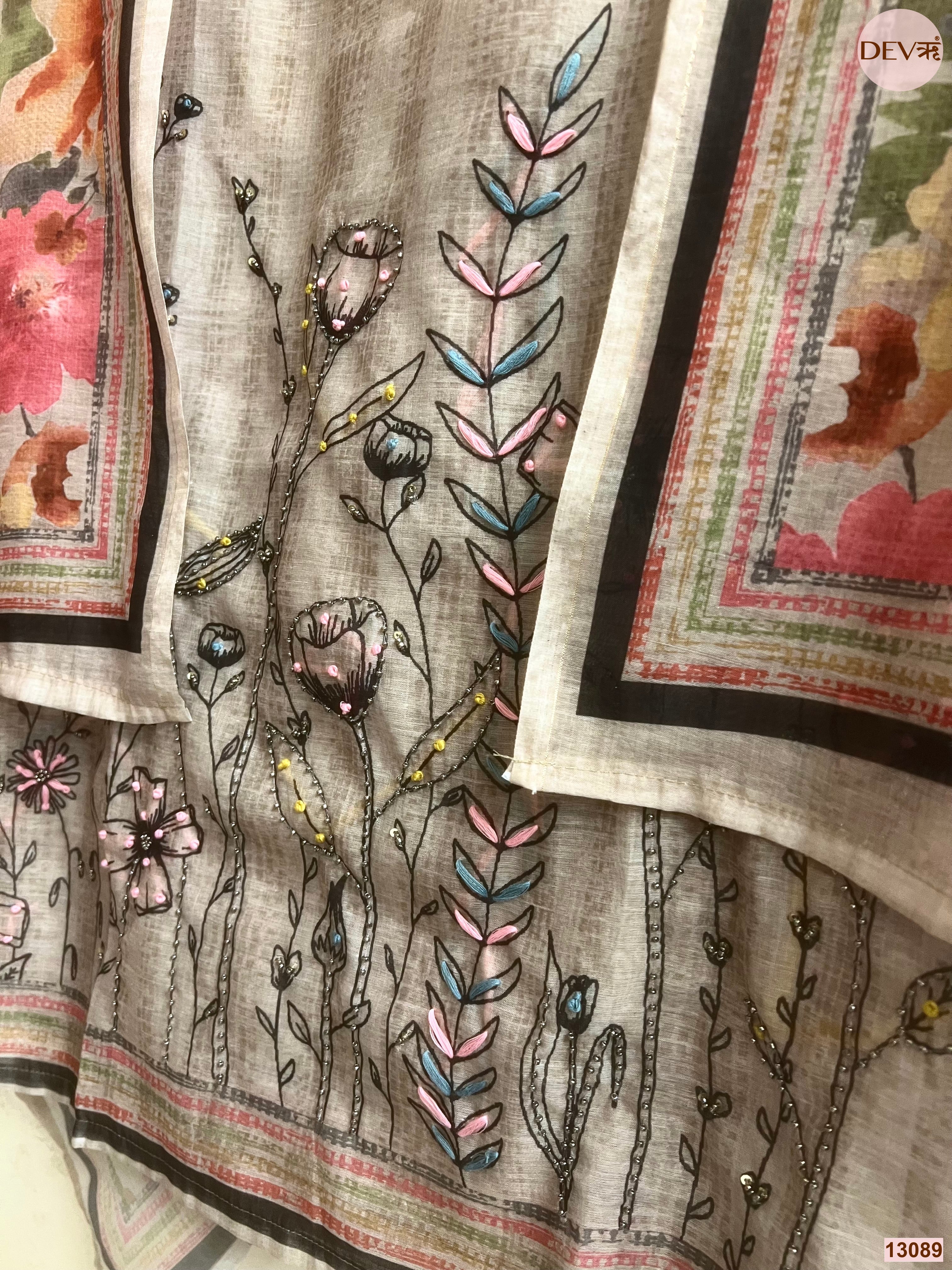 Beige Mul Chanderi Printed Unstitched 3-Piece Suit (Devri – D.No 13089)