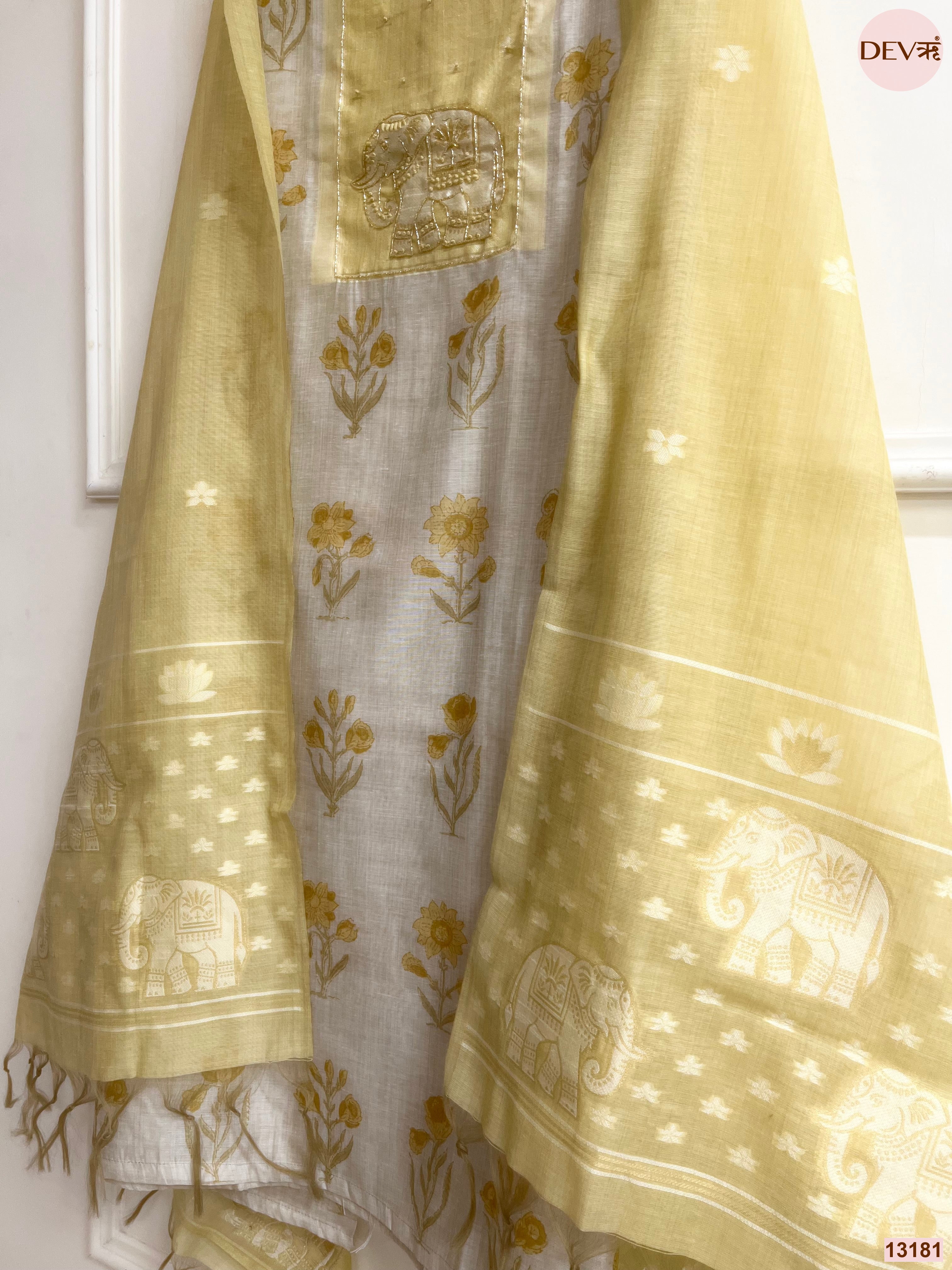 Yellow Mul Chanderi Printed Unstitched 3-Piece Suit (Devri – D.No 13181)